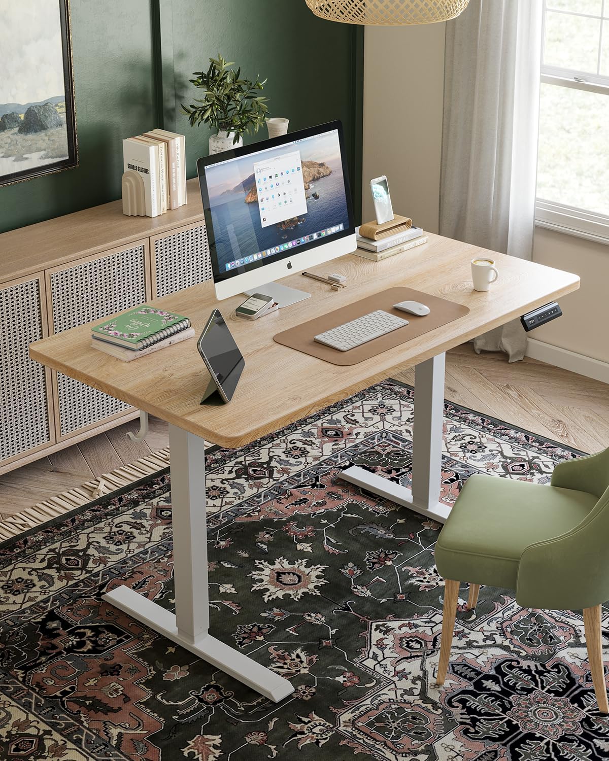 FEZIBO One-Piece Standing Desk Adjustable Height Stand up Home Office Desk, 55x24 Inch Electric Standing Computer Desk, with 4 Memory Presets, Headphone Hook, Maple