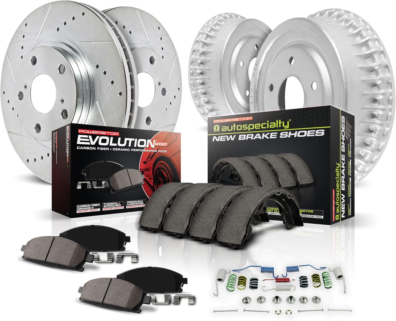 Power Stop K15263DK Front and Rear Z23 Carbon Fiber Brake Pads with Drilled and Slotted Brake Drums Kit For 2009 - 2013 Chevy Silverado 1500 GMC Sierra 1500