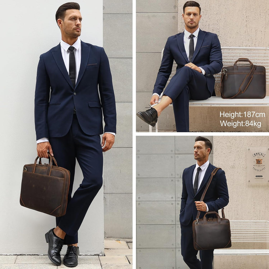 Leather Slim Briefcase for Men 14' - 16' Laptop Crossbody Messenger Bag Business Work Lawyer Attache Case