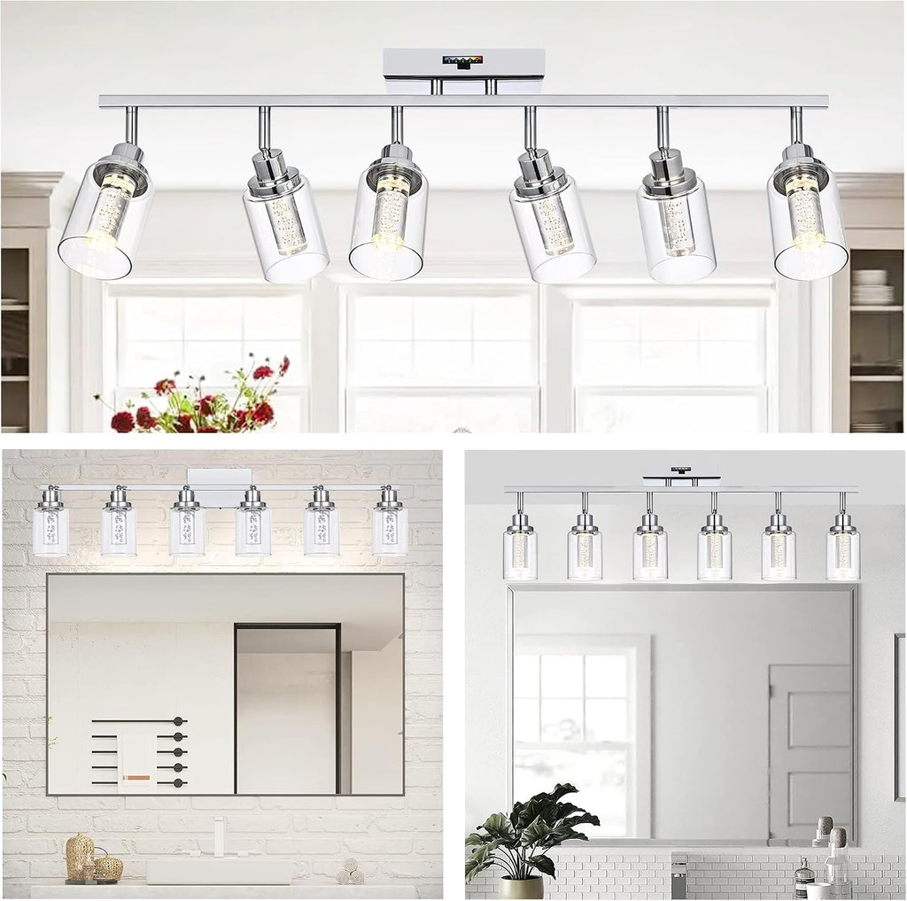 MELUCEE 5-Color Dimmbale LED Track Lighting Kit 6-Light Rotatable Spotlight Ceiling Light Fixture Bathroom Vanity Light Wall Sconces Kitchen Track Lighting Ceiling Mount, Clear Glass Shade