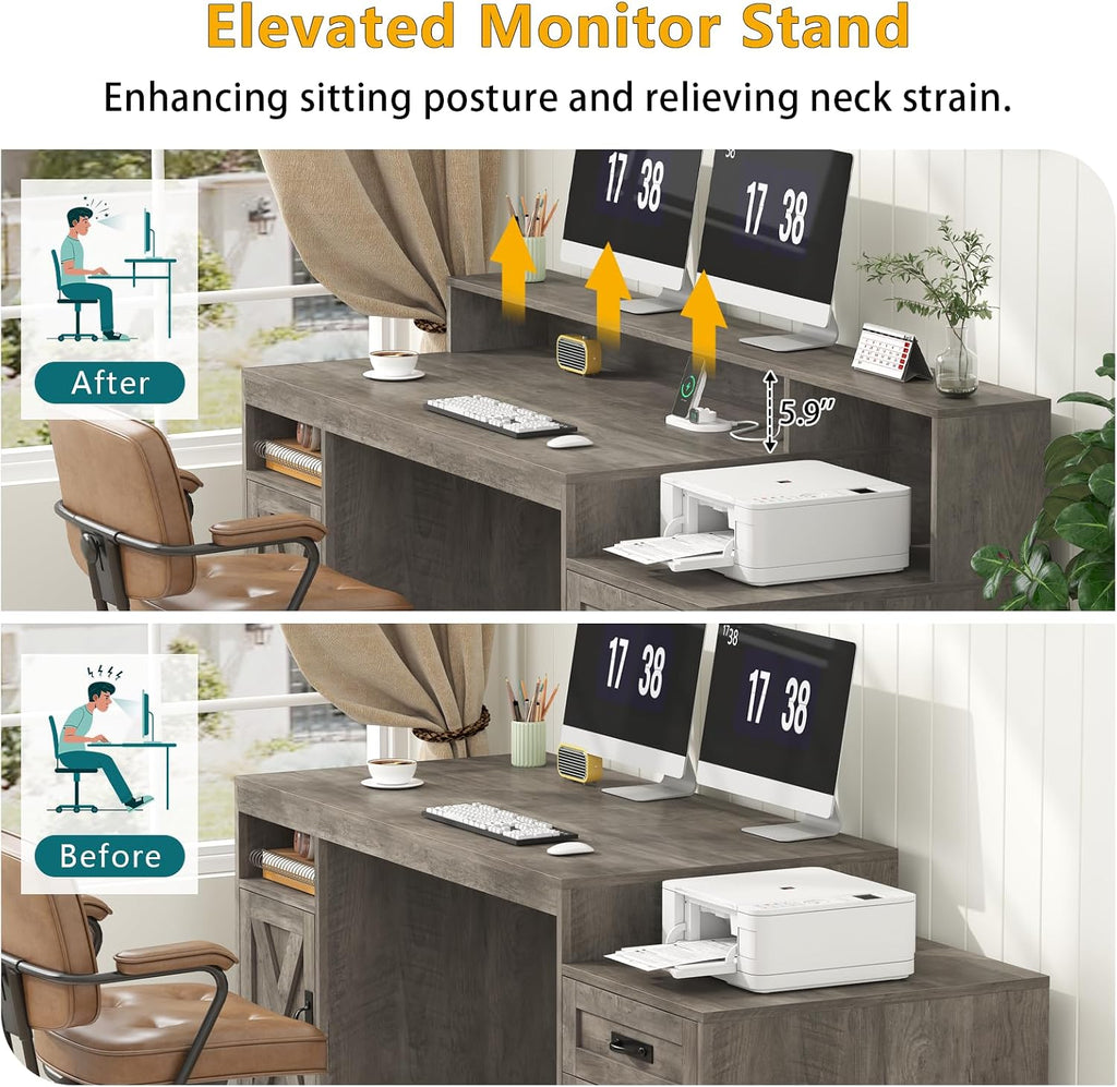 TVU Farmhouse Computer Desk with Drawers, 65'' Home Office Desk with Power Outlets, Storage Cabinet and Printer Stand, Study Writing Desks with Long Monitor Stand, Grey