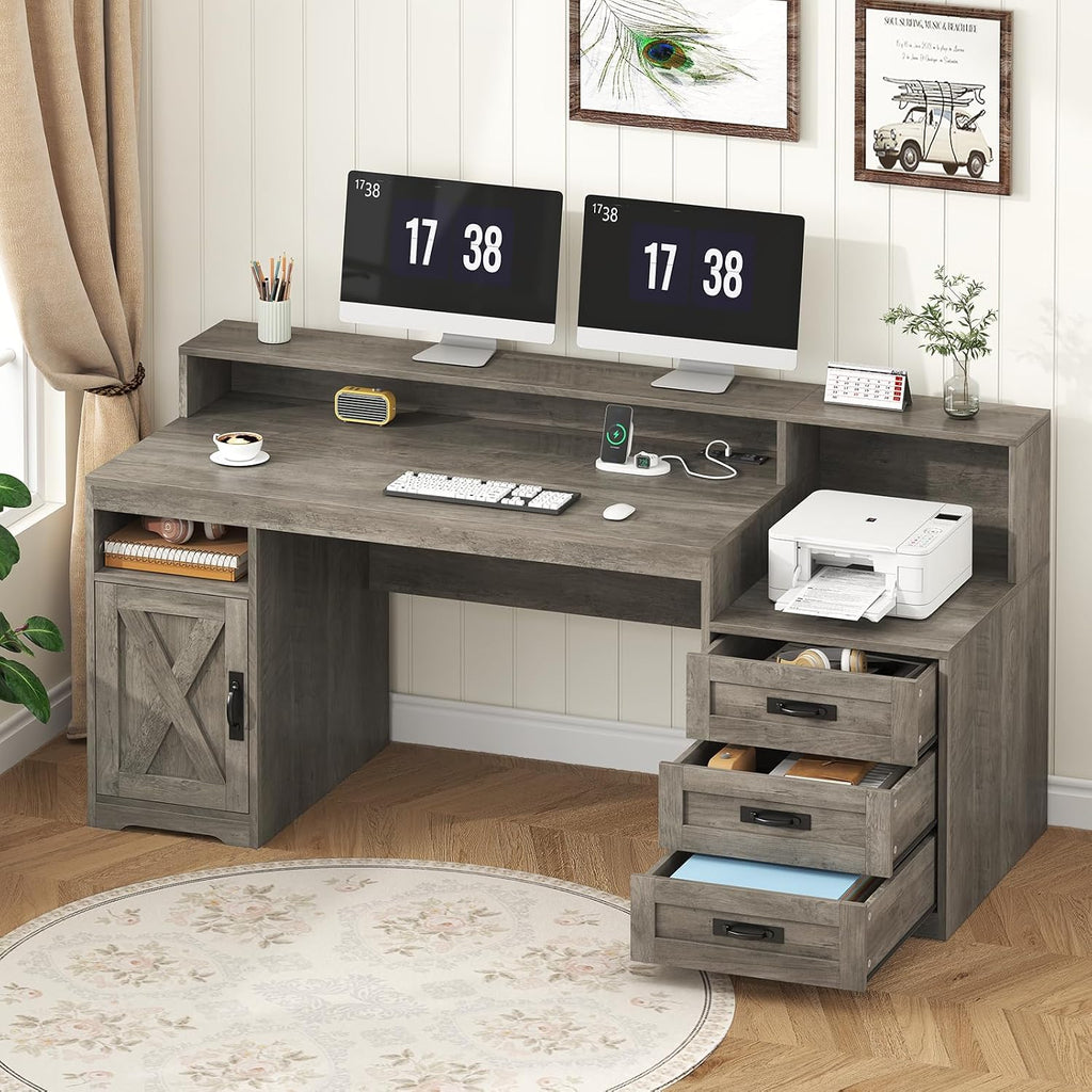 TVU Farmhouse Computer Desk with Drawers, 65'' Home Office Desk with Power Outlets, Storage Cabinet and Printer Stand, Study Writing Desks with Long Monitor Stand, Grey