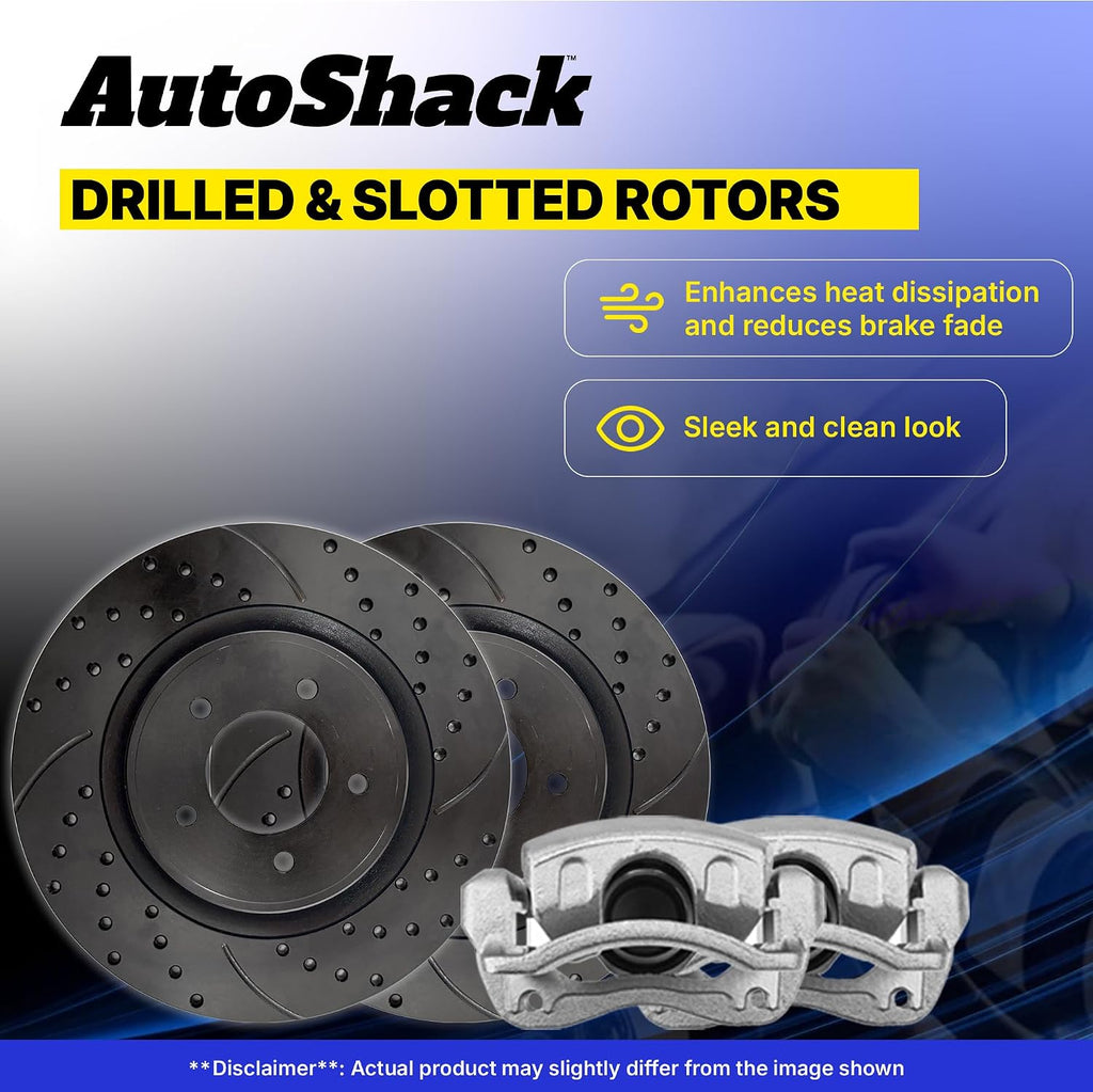 AutoShack Front & Rear Brake Rotors & Calipers for Honda, Civic 2006-2011, FWD L4 1.8L - E-Coated Drilled & Slotted - Black Finish - NightGuard