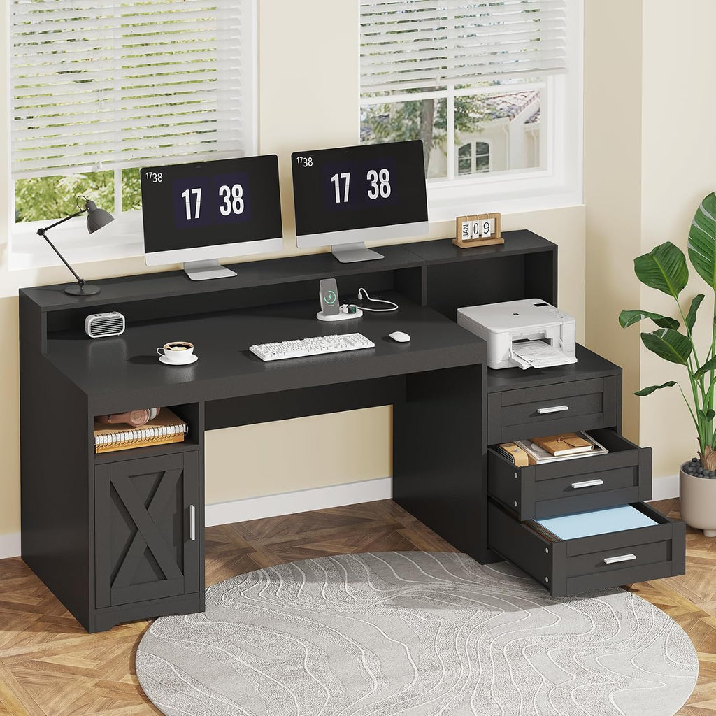 TVU Farmhouse Computer Desk with Drawers, 65'' Home Office Desk with Power Outlets, Storage Cabinet and Printer Stand, Study Writing Desks with Long Monitor Stand, Black