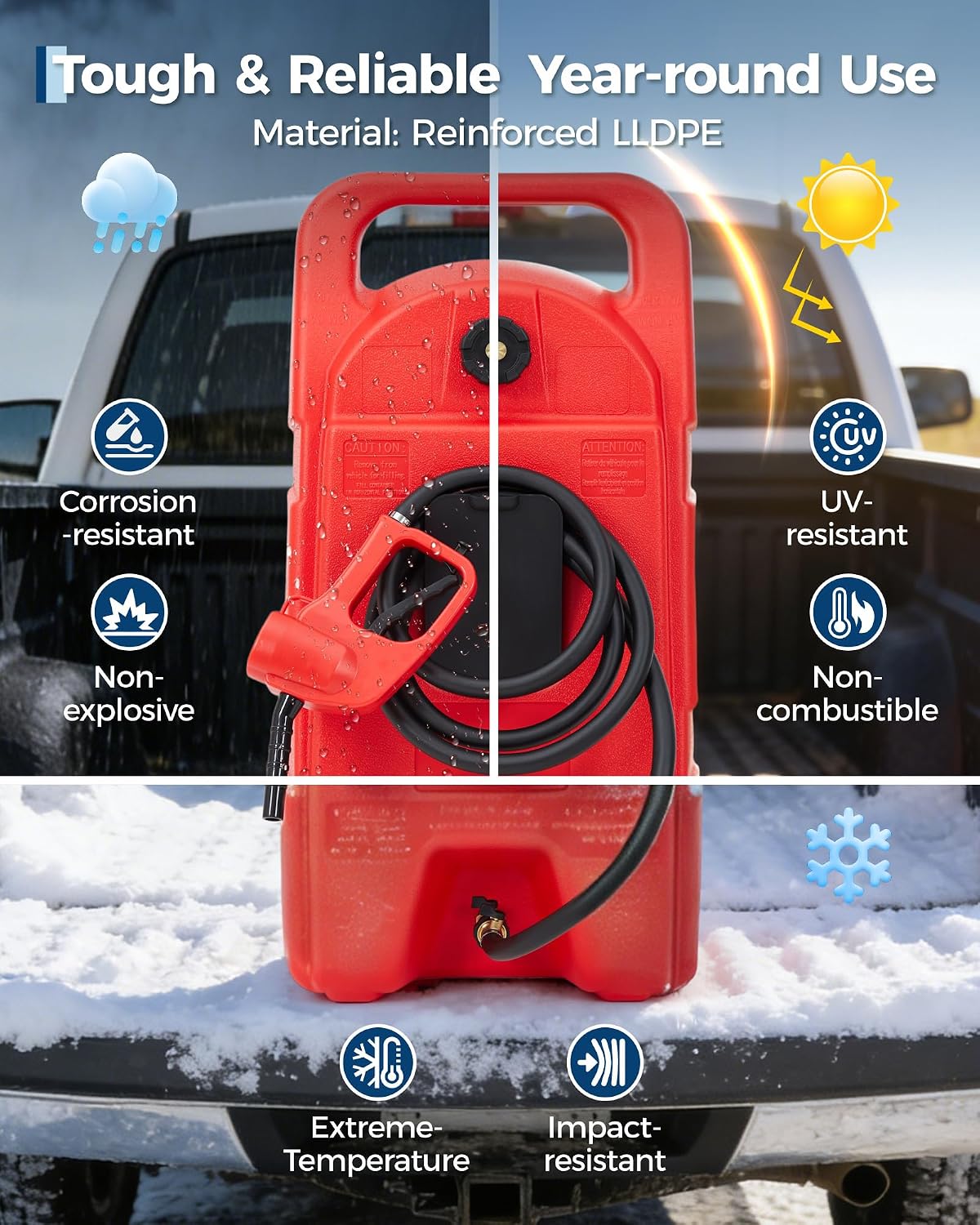 Upgraded 15-Gallon Gas Can & Fuel Tank with Manual Transfer Pump, 10FT Hose & Wheels: Heavy-Duty, Leak-Proof Portable Gas Caddy for Lawn Mowers, Tractors, Cars, Boats, ATVs, and Snow Blowers