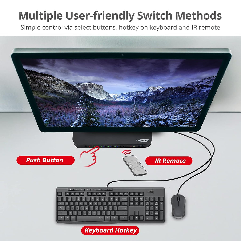 SIIG 4-Port 4K KVM Switch HDMI with Remote Control, 1x HDMI Output, 2X USB 3.2 Type-A Ports, EDID Bypass, Compatible with Windows and Mac (CE-KV0F11-S1)