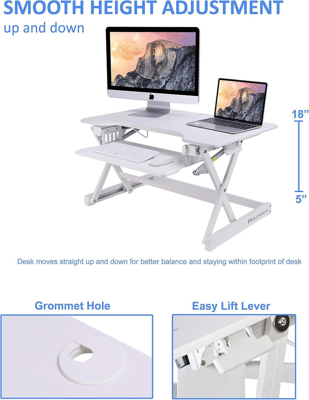 Rocelco 32' Height Adjustable Standing Desk Converter - Sit Stand Computer Workstation Riser - Dual Monitor Retractable Keyboard Tray Gas Spring Assist - Black (R EADRW)