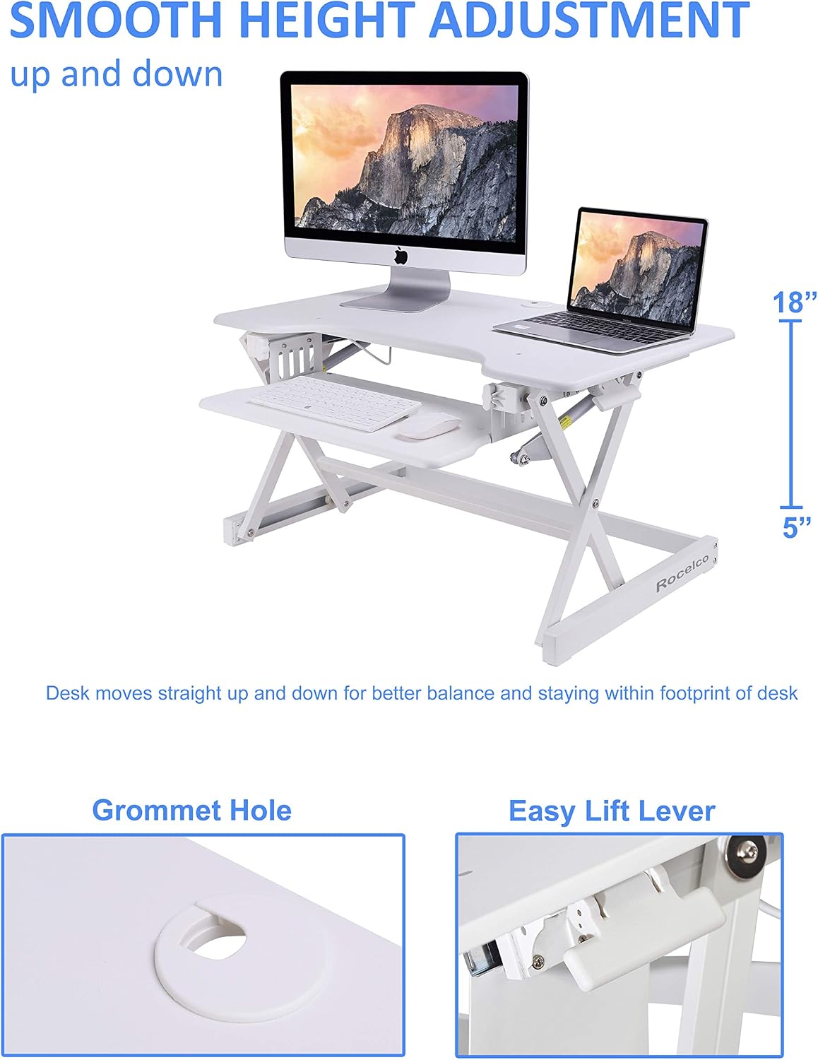 Rocelco 32' Height Adjustable Standing Desk Converter - Sit Stand Computer Workstation Riser - Dual Monitor Retractable Keyboard Tray Gas Spring Assist - Black (R EADRW)