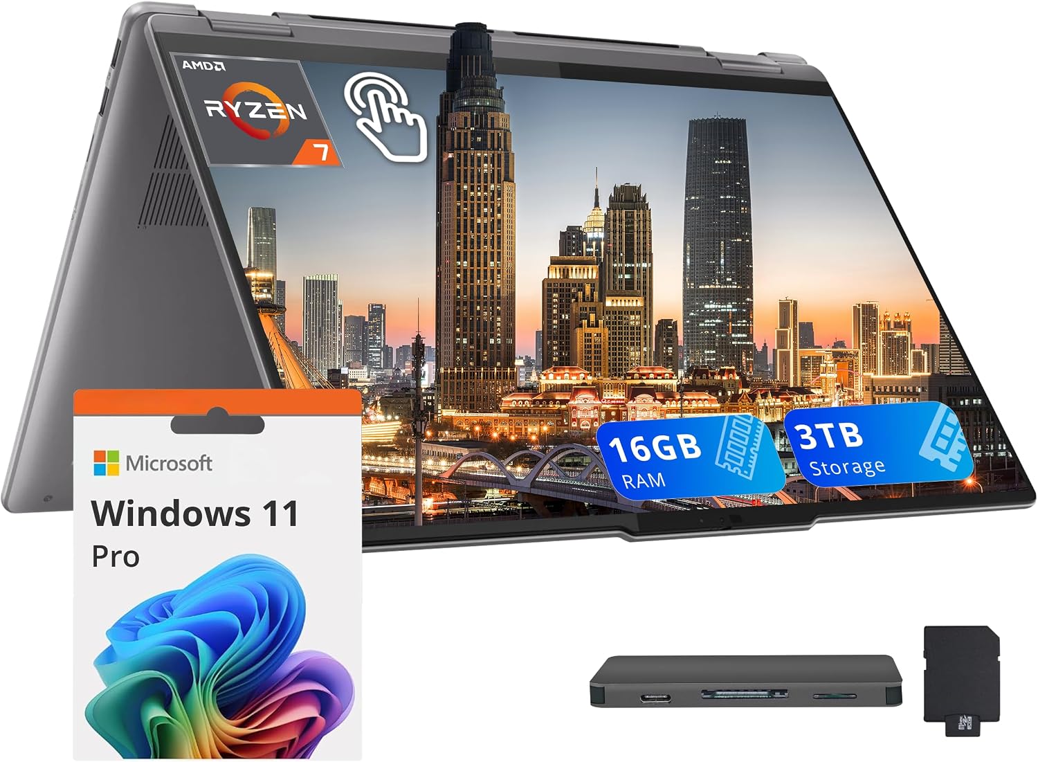 Lenovo Yoga 7 2-in-1 16' WUXGA Touch Laptop, AMD Ryzen 7 8840HS, 16GB LPDDR5X, 3TB Storage (2TB SSD+1TB Docking Station Set), Backlit Keyboard, Fingerprint Reader, FHD IR Webcam, Win 11 Pro, Gray