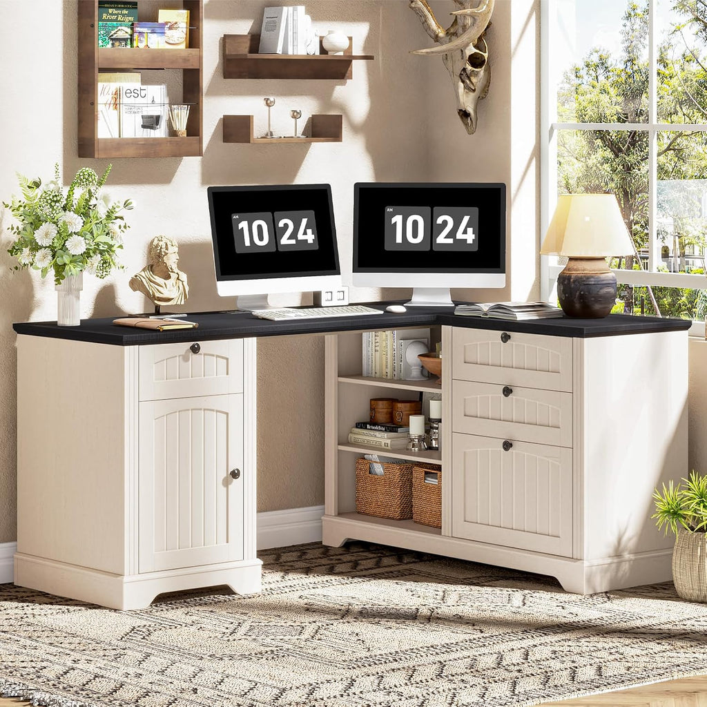 Vabches Farmhouse L Shaped Desk with Drawers, 56 Inch Executive Desk with File Cabinet, Wooden Corner Computer Desk with Power Strip for Home Office Work and Study, Rustic White and Black