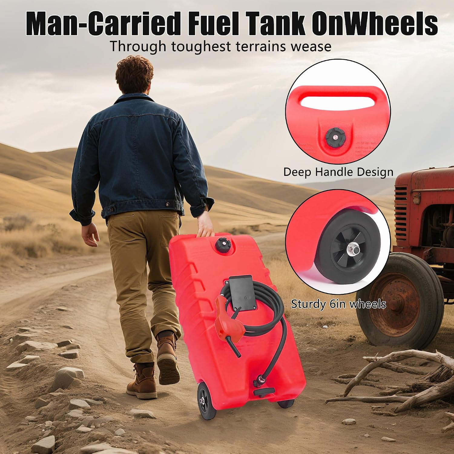 Garvee 14 gal Fuel Caddy, Portable Gas Can Fuel Tank Container with Fluid Transfer Siphon Pump and 10 ft. Delivery Hose, Diesel Storage Can On-Wheels for Cars ATVs Lawn Mowers Boats