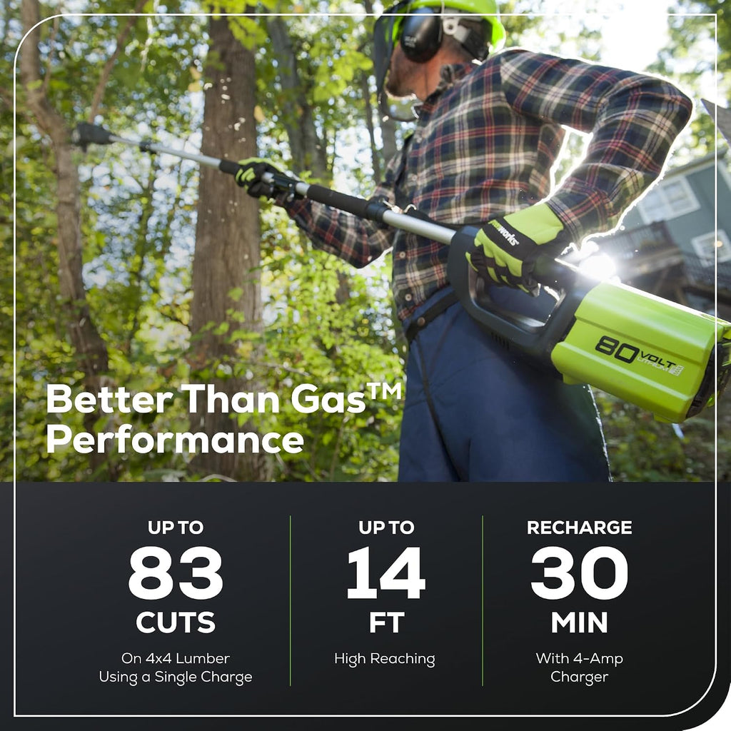 Greenworks 80V 10' Cordless Polesaw (Great For Pruning and Trimming Branches / 75+ Compatible Tools), 2.0Ah Battery and Charger Included