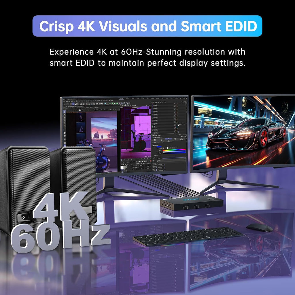 4K@60Hz HDMI 2.0 Dual Monitor KVM Switch 2x1 for 2PC Share 2 Displays and 4 USB 3.0 Ports SPDIF L/R Audio,Copy/Extended Mod compatibile with Windows, Unix and Mac OS X