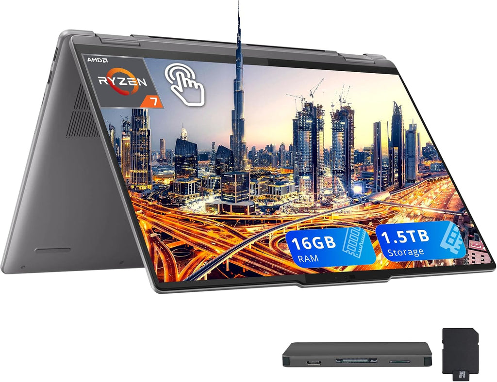 Lenovo Yoga 7 2-in-1 16' WUXGA Touchscreen Laptop, AMD Ryzen 7 8840HS, 16GB LPDDR5X, 1.5TB Storage (1TB SSD+512GB Docking Station Set), Backlit Keyboard, Fingerprint Reader, Win 11, Artic Grey