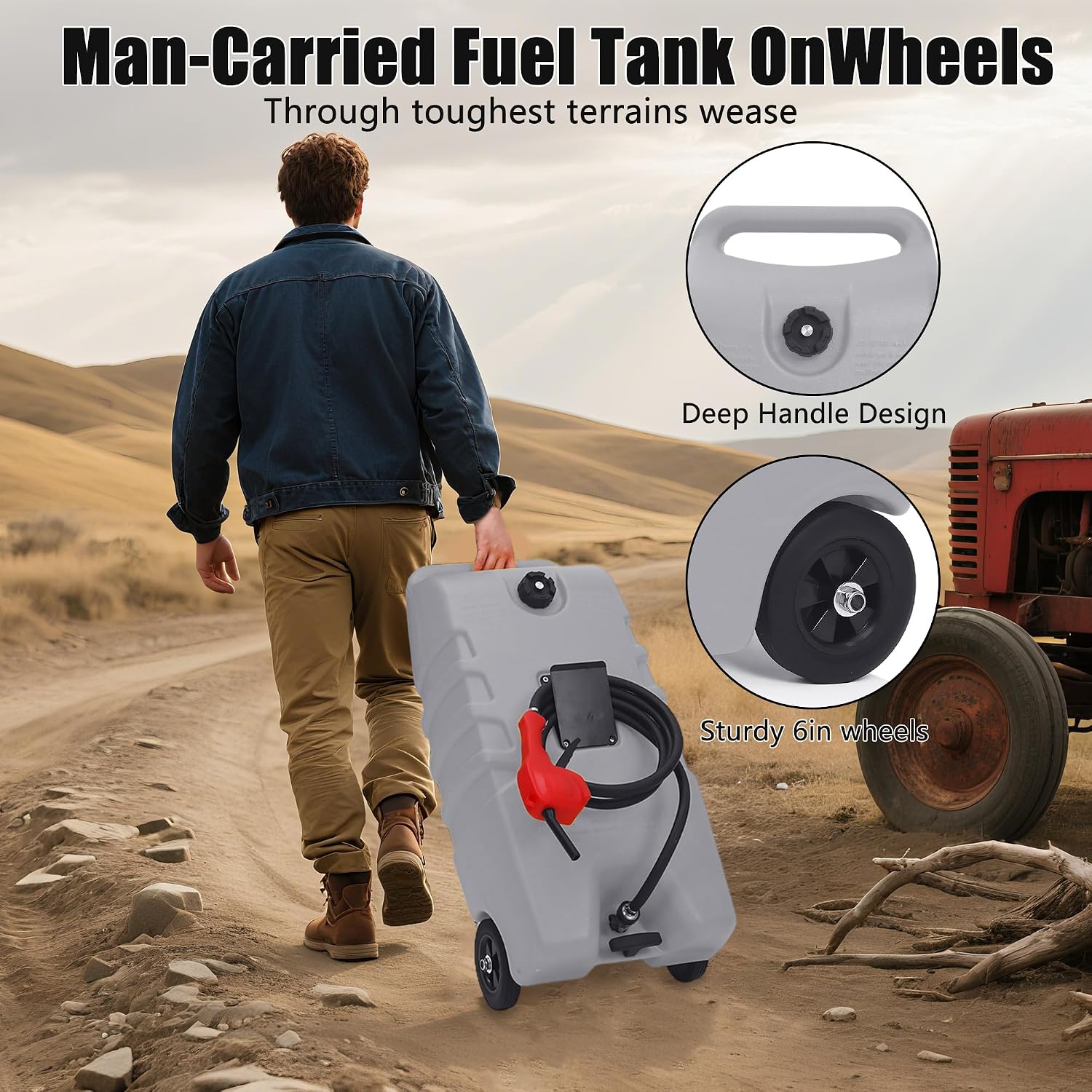 14 Gallon Portable Fuel Tank with Wheels, Red Gas Caddy with Manual Siphon Pump & 10FT Hose, T-Handle for Easy Carry, Included for Cars, ATVs, Boats, Generators - Gray