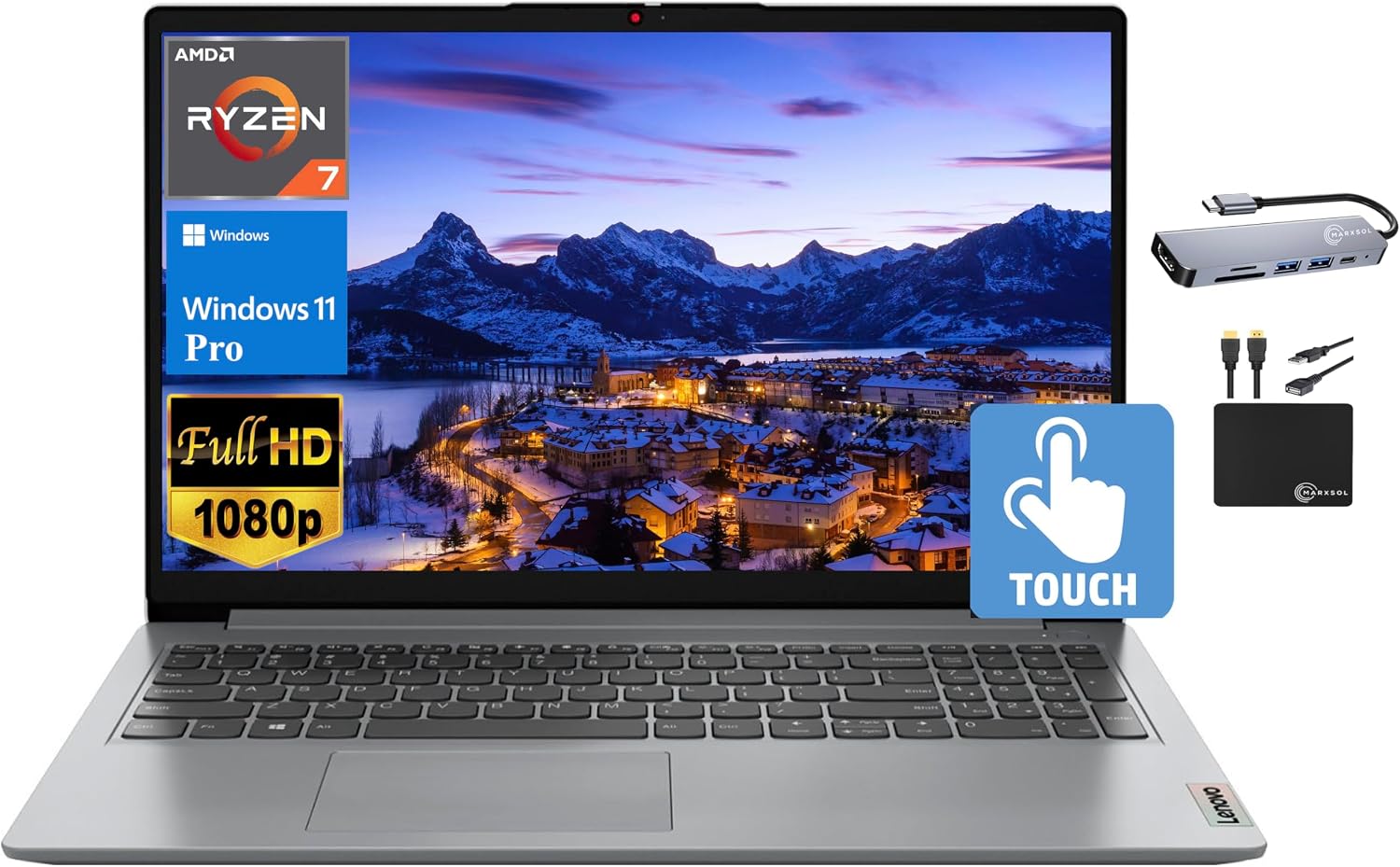 Lenovo IdeaPad 2024 Laptop, 15.6' FHD IPS Touchscreen, 8-Core AMD Ryzen 7 5700U (Beat i7-1180G7), 16GB RAM, 1TB SSD, Radeon Graphics, Webcam,WiFi 6, Long Battery, Win 11 Pro+MarxsolAccessory