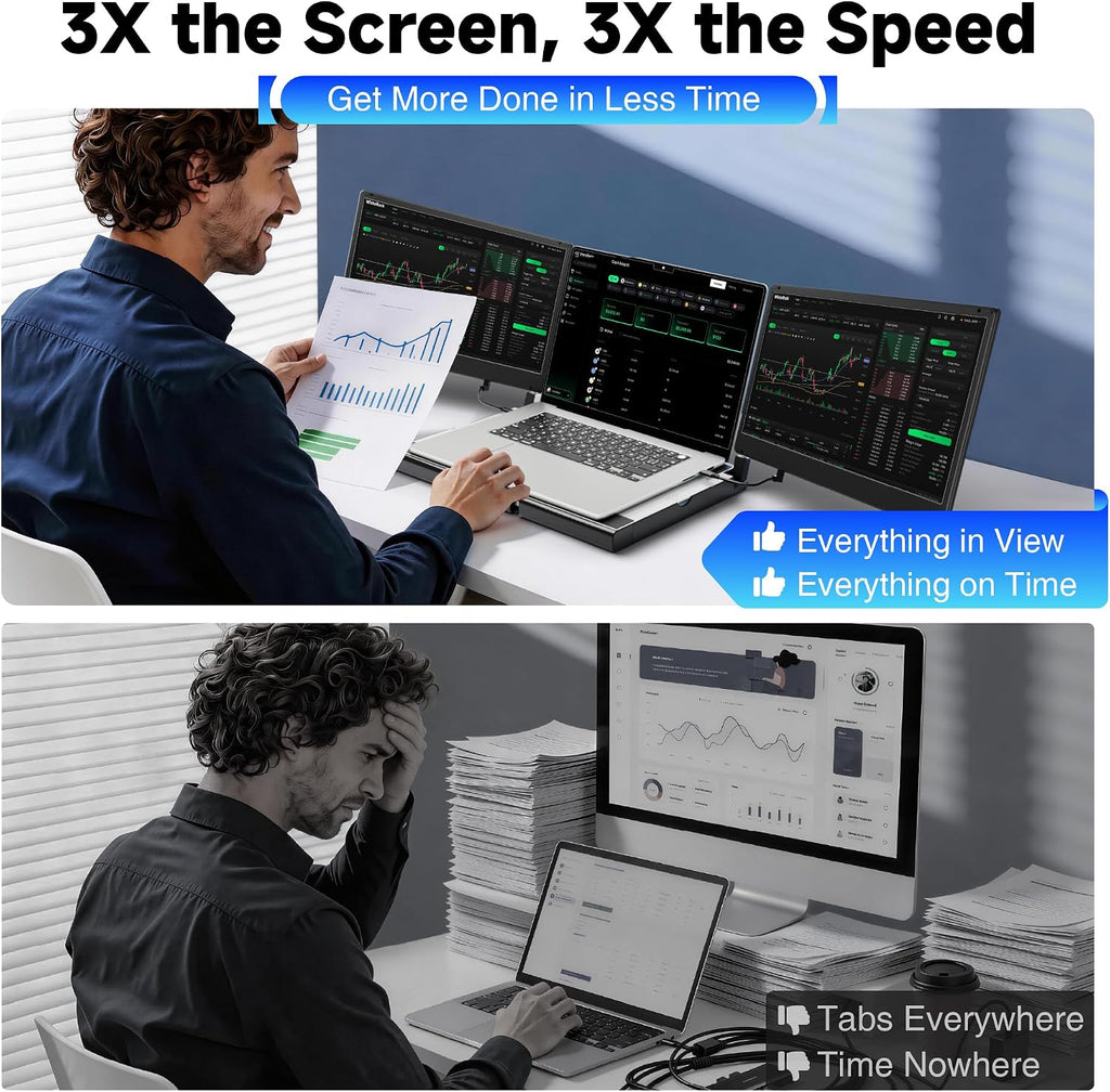 Laptop Screen Extender, 14' FHD 1080P Triple Portable Monitor for Laptops, Stretchable Base and Detachable Screen, Plug & Play, Monitor Extender for 13–17.3' Laptops, Compatible with Window/Mac/Chrome