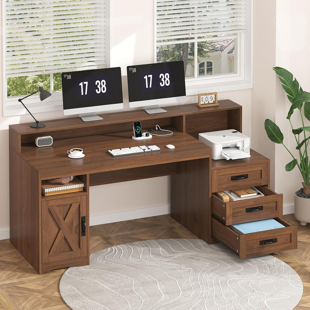 TVU Farmhouse Computer Desk with Drawers, 65'' Home Office Desk with Power Outlets, Storage Cabinet and Printer Stand, Study Writing Desks with Long Monitor Stand, Brown