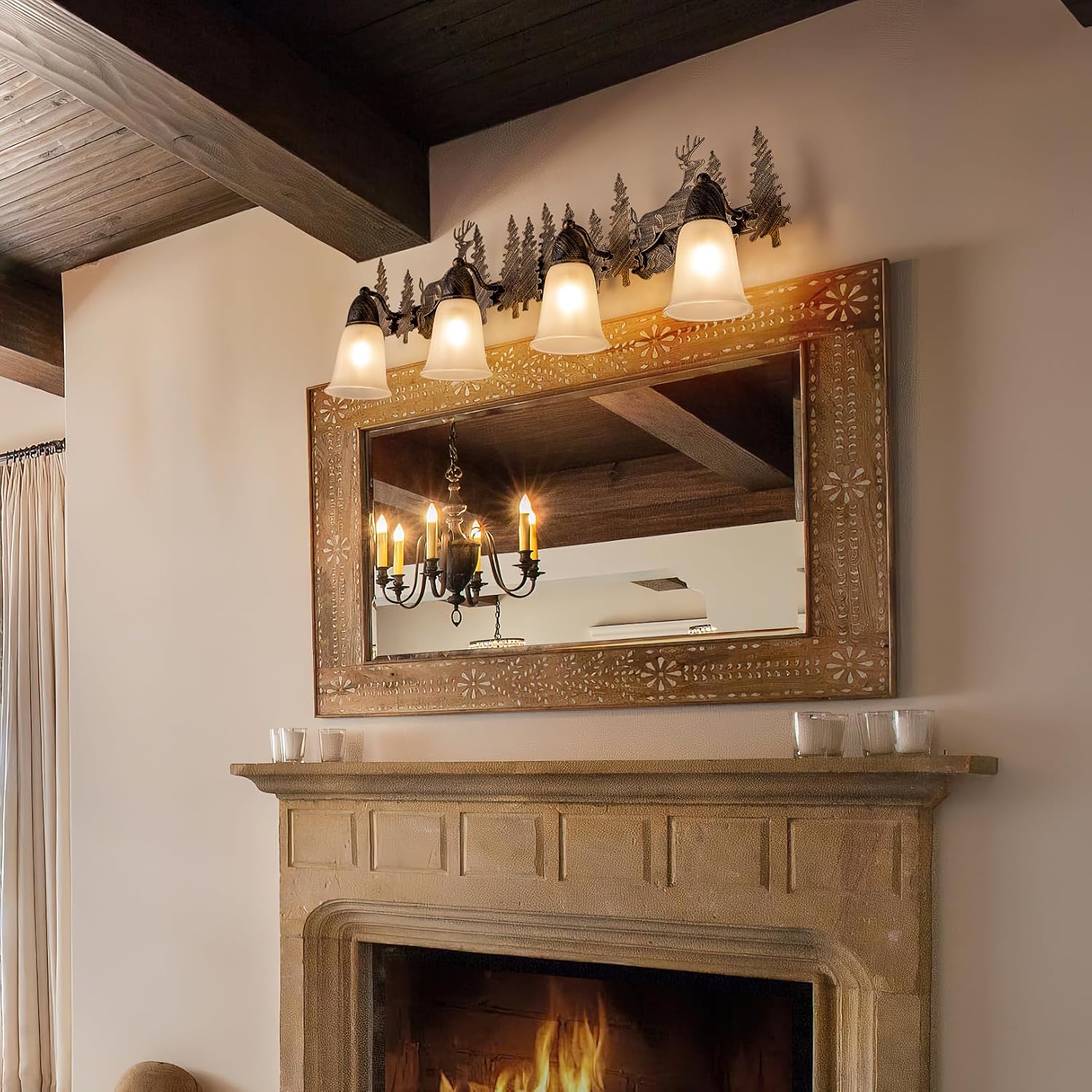 TOCHIC Rustic Bathroom Light Fixtures Over Mirror, 4 Lights Farmhouse Log Cabin Vanity Lights for Bathroom, Western Deer Sconces Bath Vanity Wall Lighting for Mirror Cabinet, Powder Room, 36' L