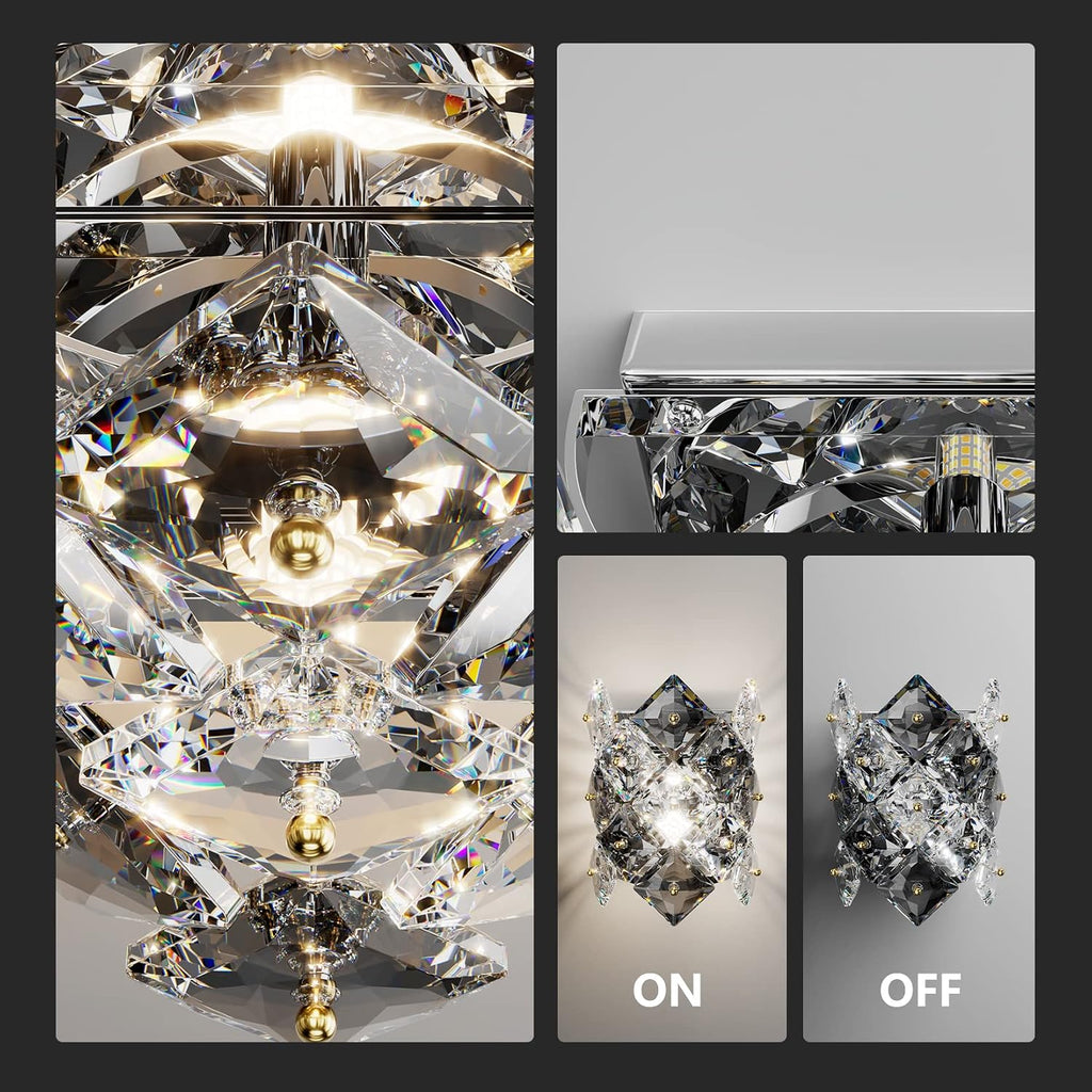 Modern Crystal Wall Sconces,Chrome Wall Light Fixtures,Luxury Indoor Wall Lamp,K9 Crystal Vanity Wall Mount Lamps,Industrial Sconce Lighting for Bathroom Living Room,Bedsides,Hallway,Bedroom