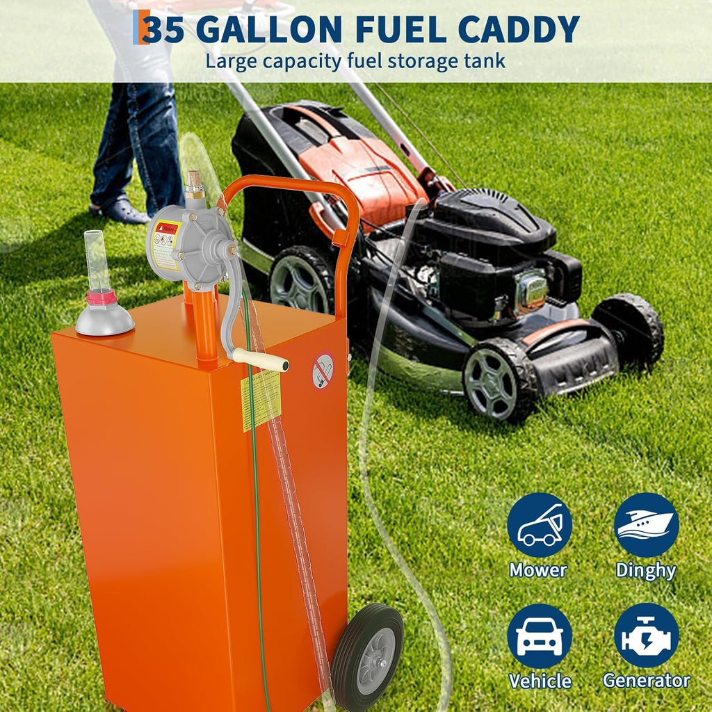 35 Gallon Fuel Caddy with Transfer Pump - Portable Gas Storage Tank, Multi-Purpose Gasoline/Diesel Container for Cars, Lawn Mowers, ATVs, Boats & More, Orange