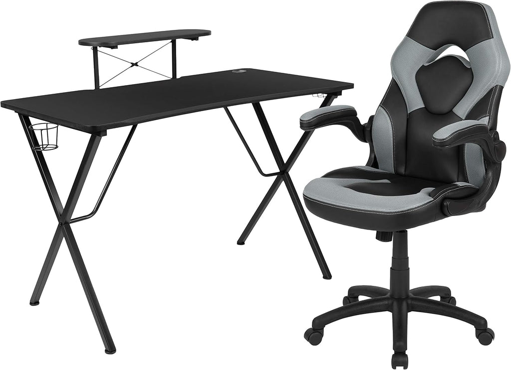 Flash Furniture Black Gaming Desk and Gray/Black Racing Chair Set with Cup Holder, Headphone Hook, and Monitor/Smartphone Stand