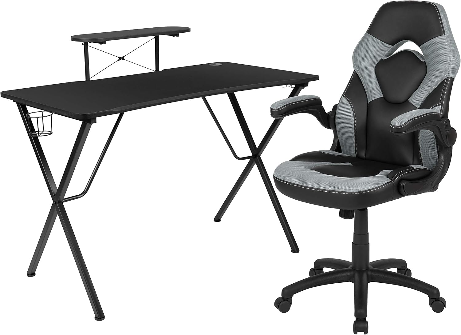 Flash Furniture Black Gaming Desk and Gray/Black Racing Chair Set with Cup Holder, Headphone Hook, and Monitor/Smartphone Stand