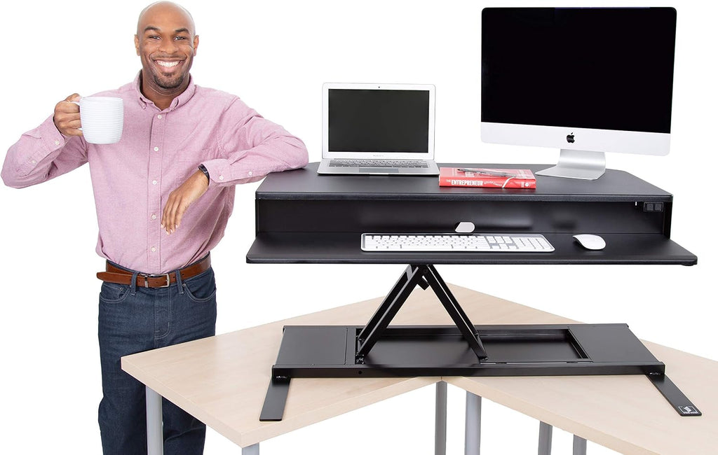 Flexpro Power 40 Inch Electric Corner Desk Converter for Cubicles and L-Shaped Desks with Quiet Height Adjustments, Large Dual Level Sit to Stand Computer Workspace (Black, 44in x 32in)