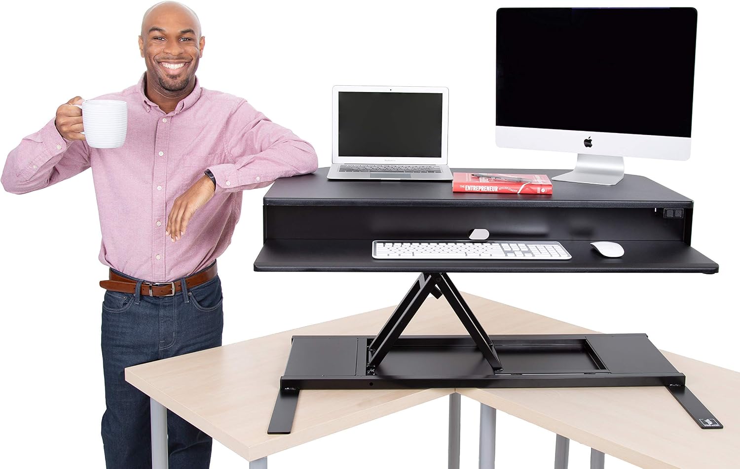 Flexpro Power 40 Inch Electric Corner Desk Converter for Cubicles and L-Shaped Desks with Quiet Height Adjustments, Large Dual Level Sit to Stand Computer Workspace (Black, 44in x 32in)