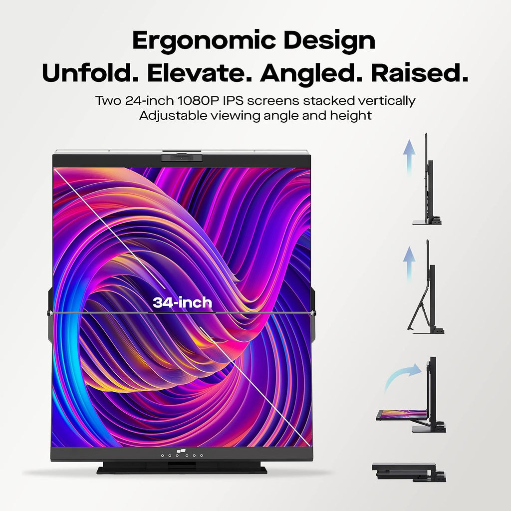 Mobile Pixels Geminos Dual 24' Stacked Computer Monitors with 1080P Webcam&Speakers, 65W USB-C Charging, All-Inclusive Vertical Desktop Monitor, HDMI/USB-A/USB-C, Infinitely Adjustable (2 Monitors)