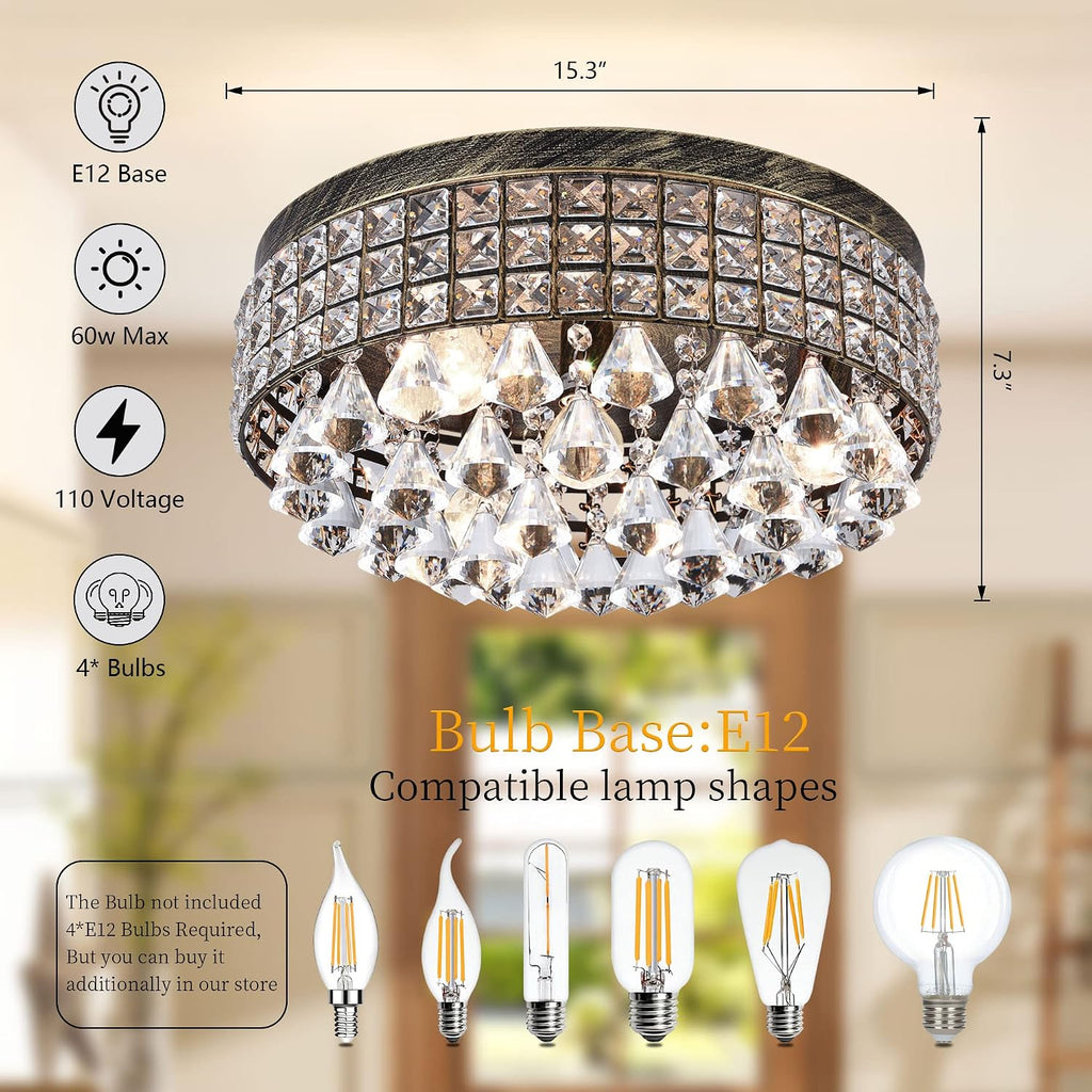Maxax 4-Light Traditional Crystal Chandelier, Bronze Drum Ceiling Light Fixture with Round Metal Shade & Raindrop Crystals, 15,7' Vintage Flush Mount for Dining Room, Bedroom, Entryway