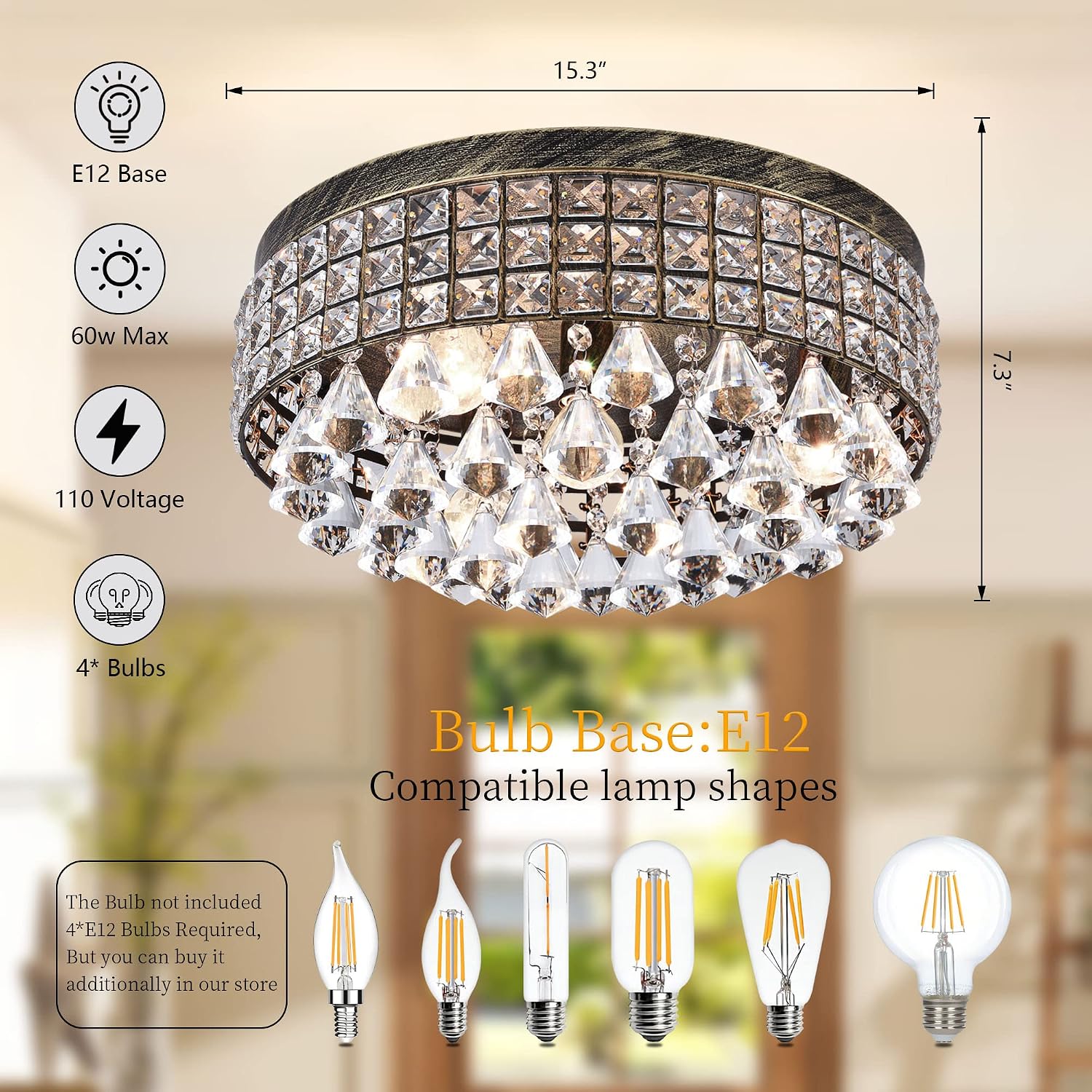 Maxax 4-Light Traditional Crystal Chandelier, Bronze Drum Ceiling Light Fixture with Round Metal Shade & Raindrop Crystals, 15,7' Vintage Flush Mount for Dining Room, Bedroom, Entryway