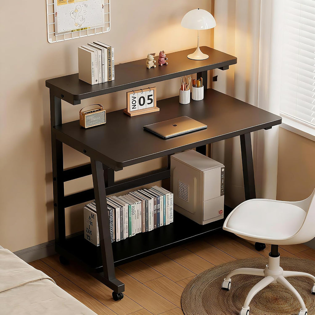 Rolling Desk, 47.2 Inch Small Desks with 3-Layer Storage & Monitor Stand, Compact Home Office Desk, Portable Laptop Table with Wheels for Small Spaces, Mobile Rolling Computer Work Desks