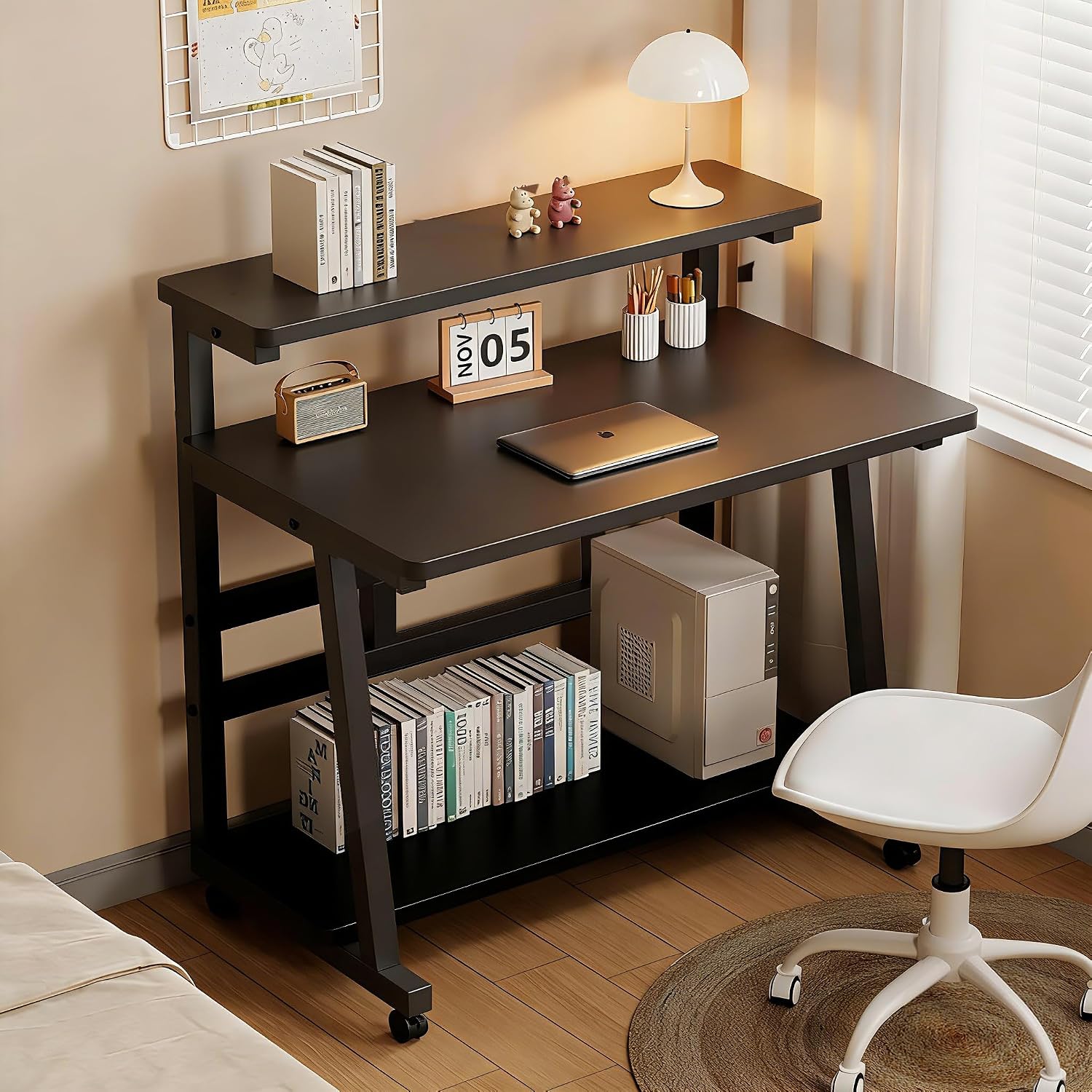 Rolling Desk, 47.2 Inch Small Desks with 3-Layer Storage & Monitor Stand, Compact Home Office Desk, Portable Laptop Table with Wheels for Small Spaces, Mobile Rolling Computer Work Desks