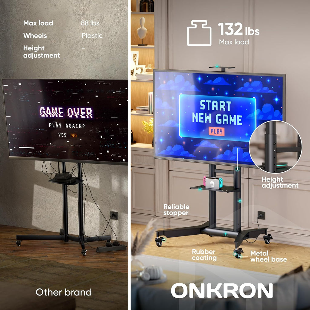 ONKRON Mobile TV Stand on Wheels for 32-75 Inch Screen, max Load 132 lbs, Height Adjustable TV Portable Stand, VESA 200x200-600x400, TV Cart Rolling TV Stand with Wheels and Shelf Black
