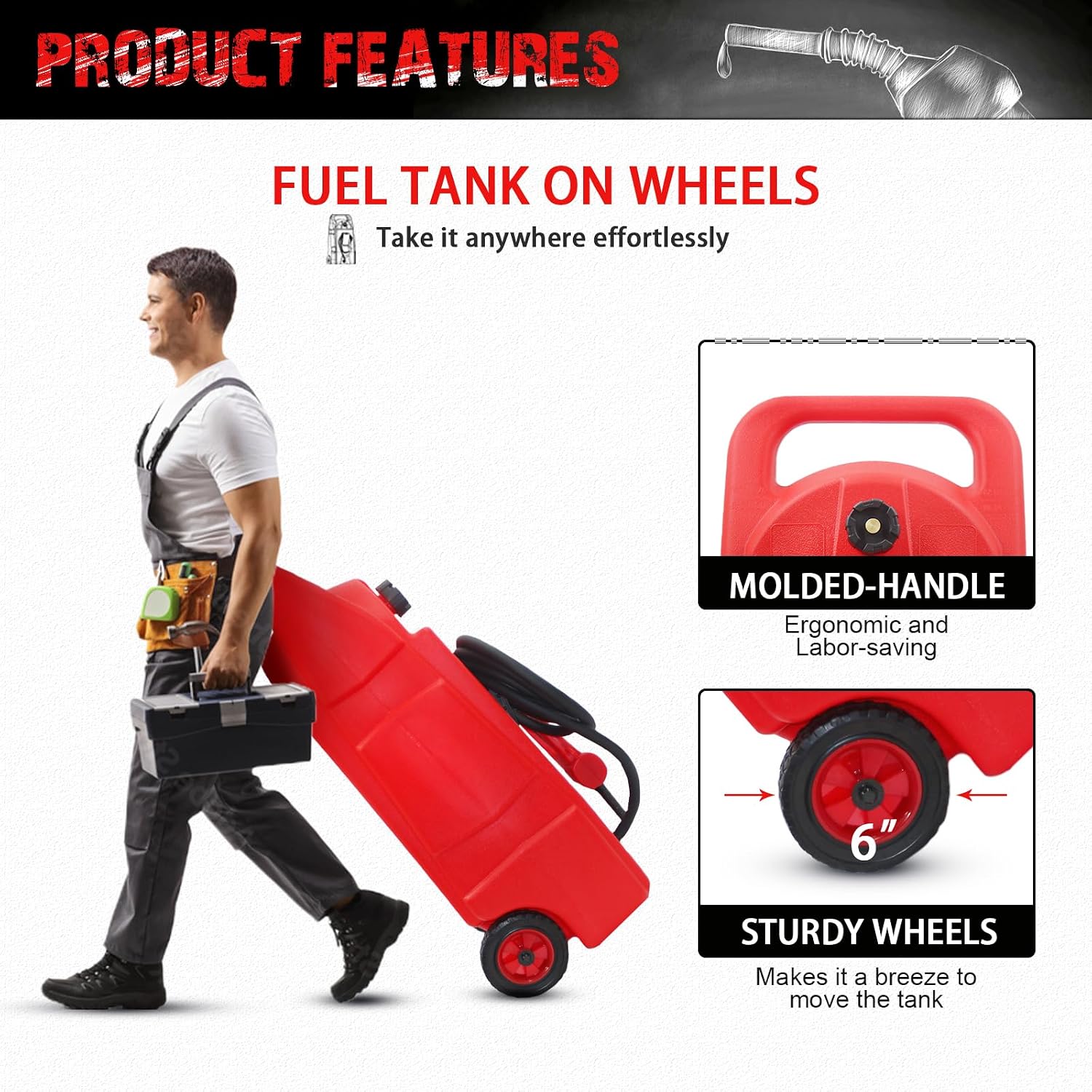 Upgraded 15 Gallon Fuel Gas Caddy, Portable Gas Tank with Manual Transfer Pump & 10ft. Delivery Hose, Diesel Fuel Storage Tank with Wheels for ATVs, Cars, Lawn Mowers, Boats, Red