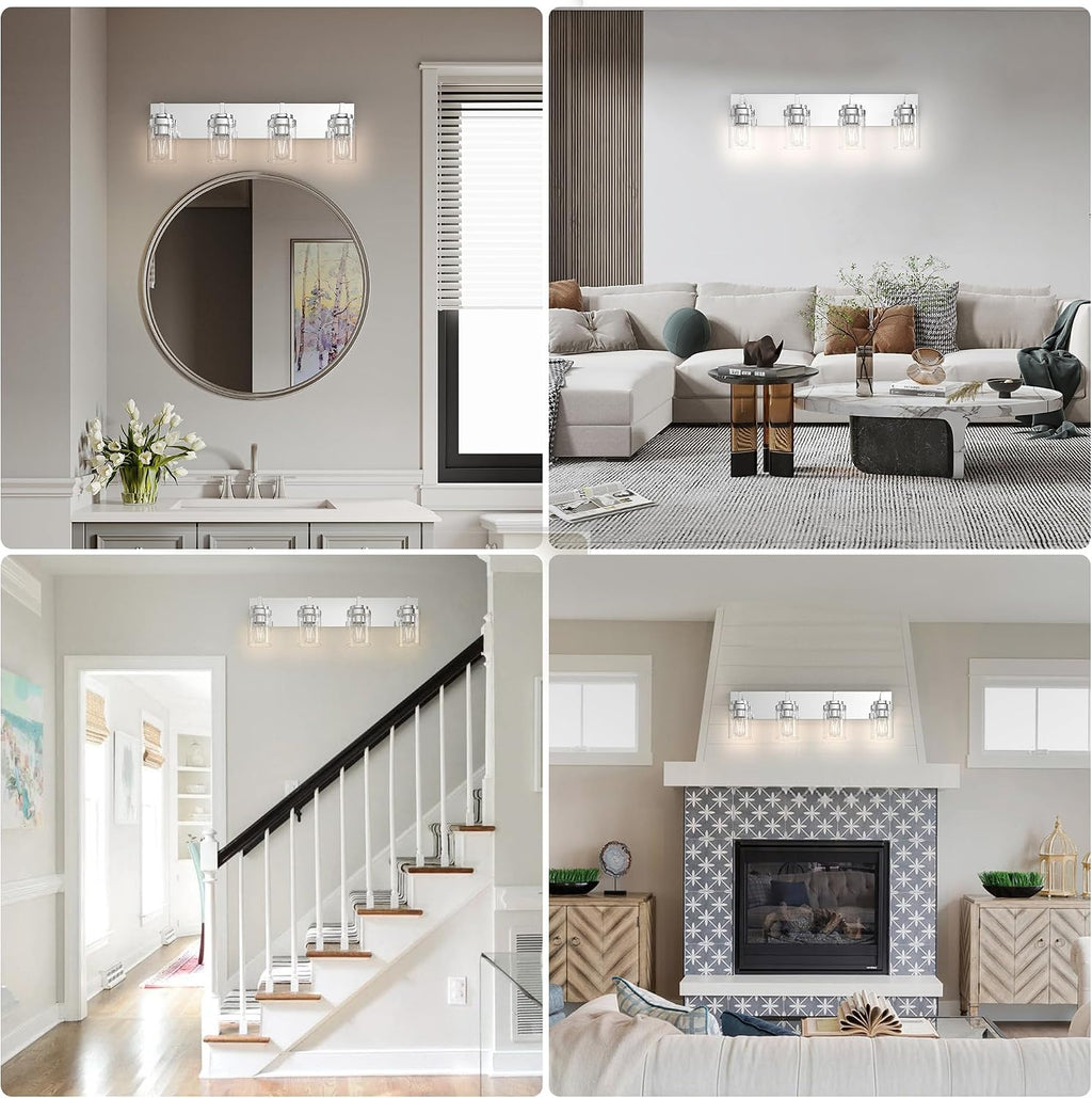 Chrome Light Fixtures, 4 Light Bathroom Vanity Light with Clear Glass Shade, 30 in Modern Vanity Light, Bathroom Lighting Fixtures Over Mirror for Living Room