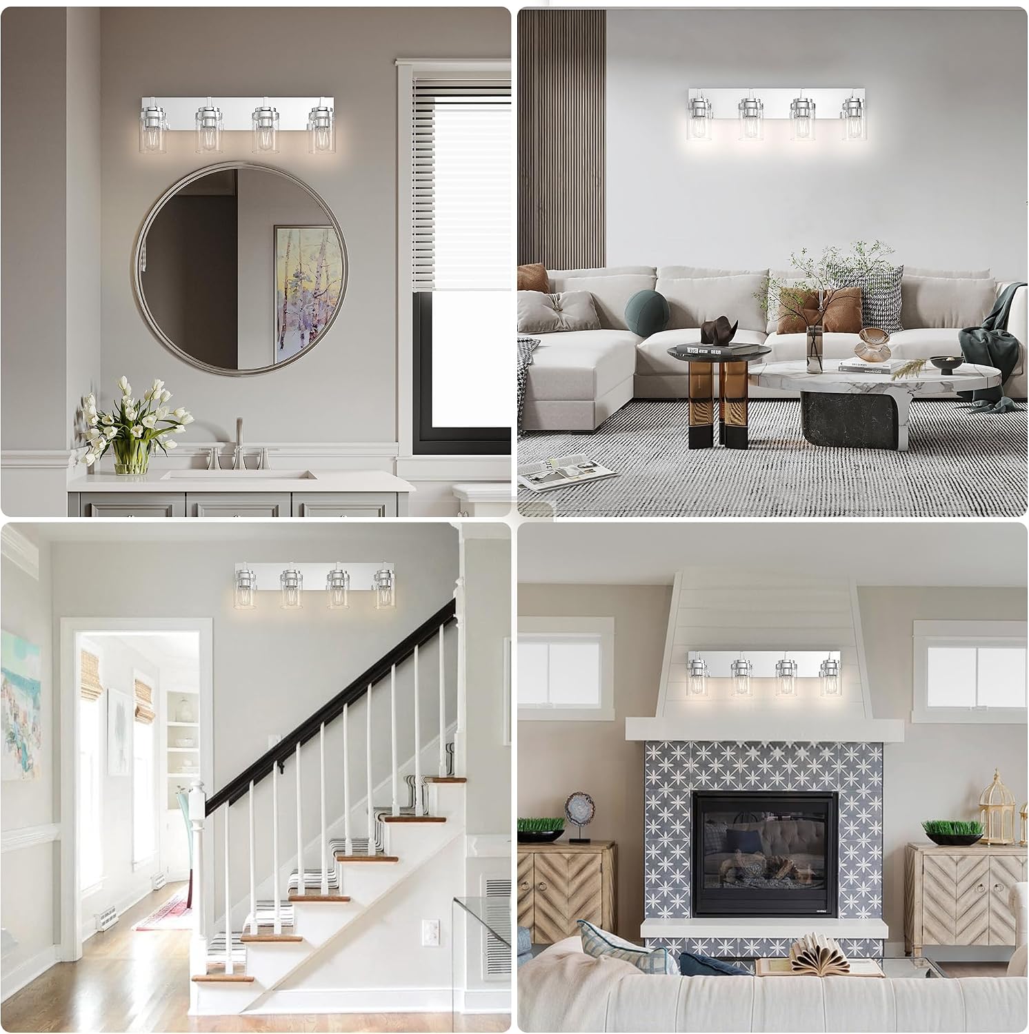 Chrome Light Fixtures, 4 Light Bathroom Vanity Light with Clear Glass Shade, 30 in Modern Vanity Light, Bathroom Lighting Fixtures Over Mirror for Living Room