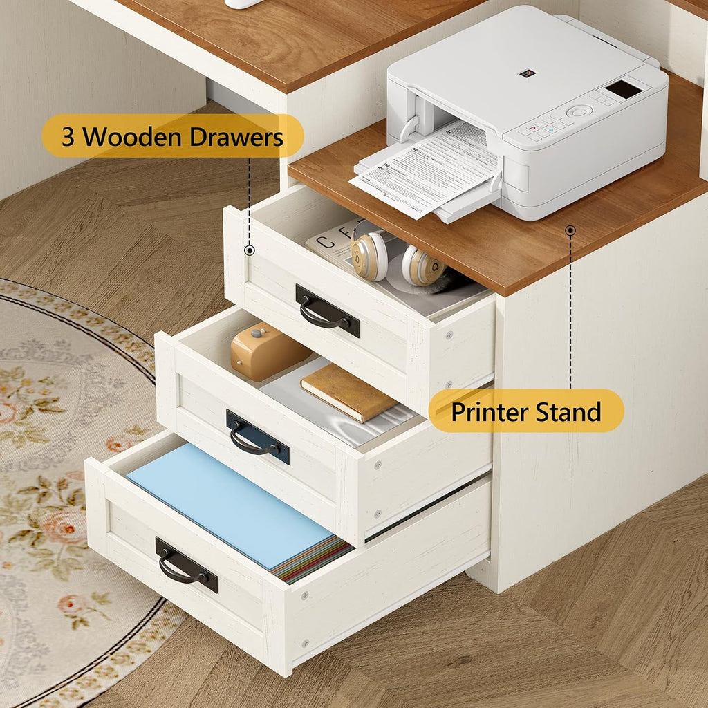 TVU Farmhouse Computer Desk with Drawers, 65'' Home Office Desk with Power Outlets, Storage Cabinet and Printer Stand, Study Writing Desks with Long Monitor Stand, Brown and White