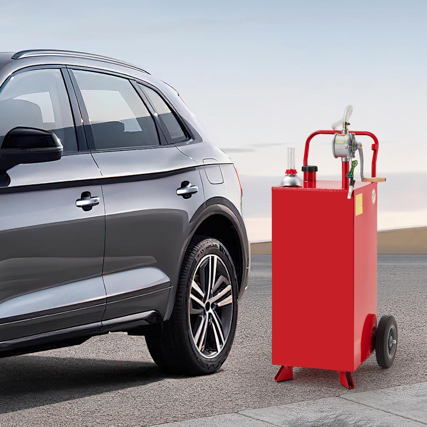 40 Gallon Fuel Caddy, Portable Gas Can with Manual Pump, Fuel Storage Tank for Gasoline & Diesel, Steel Gas Caddy on 2 Wheels, for Cars, Lawn Mowers, ATVs, Boats, Red