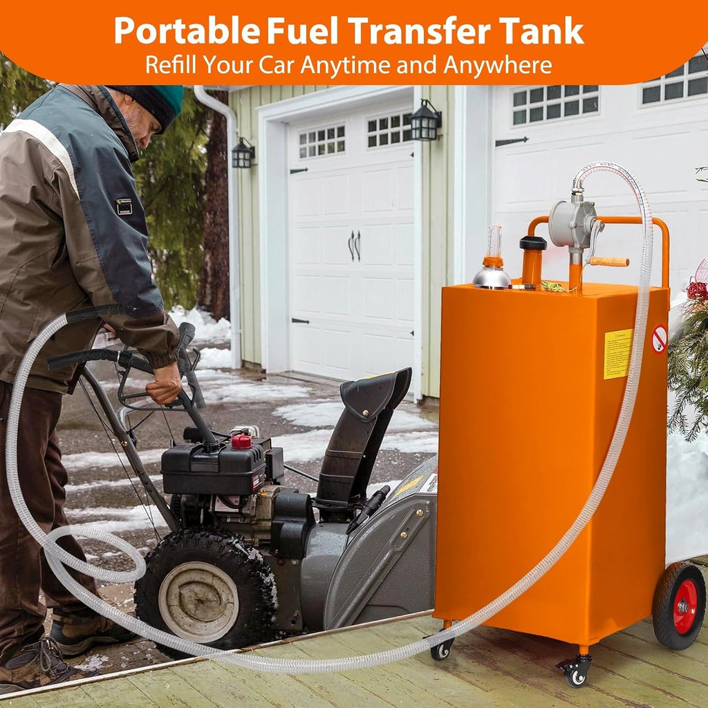 35 Gallon Fuel Caddy w/Manual Pump 4-Wheel Portable Gas & Diesel Storage Tank Heavy-Duty Steel with Hose for Lawn Mower, ATV, Boat, Farm