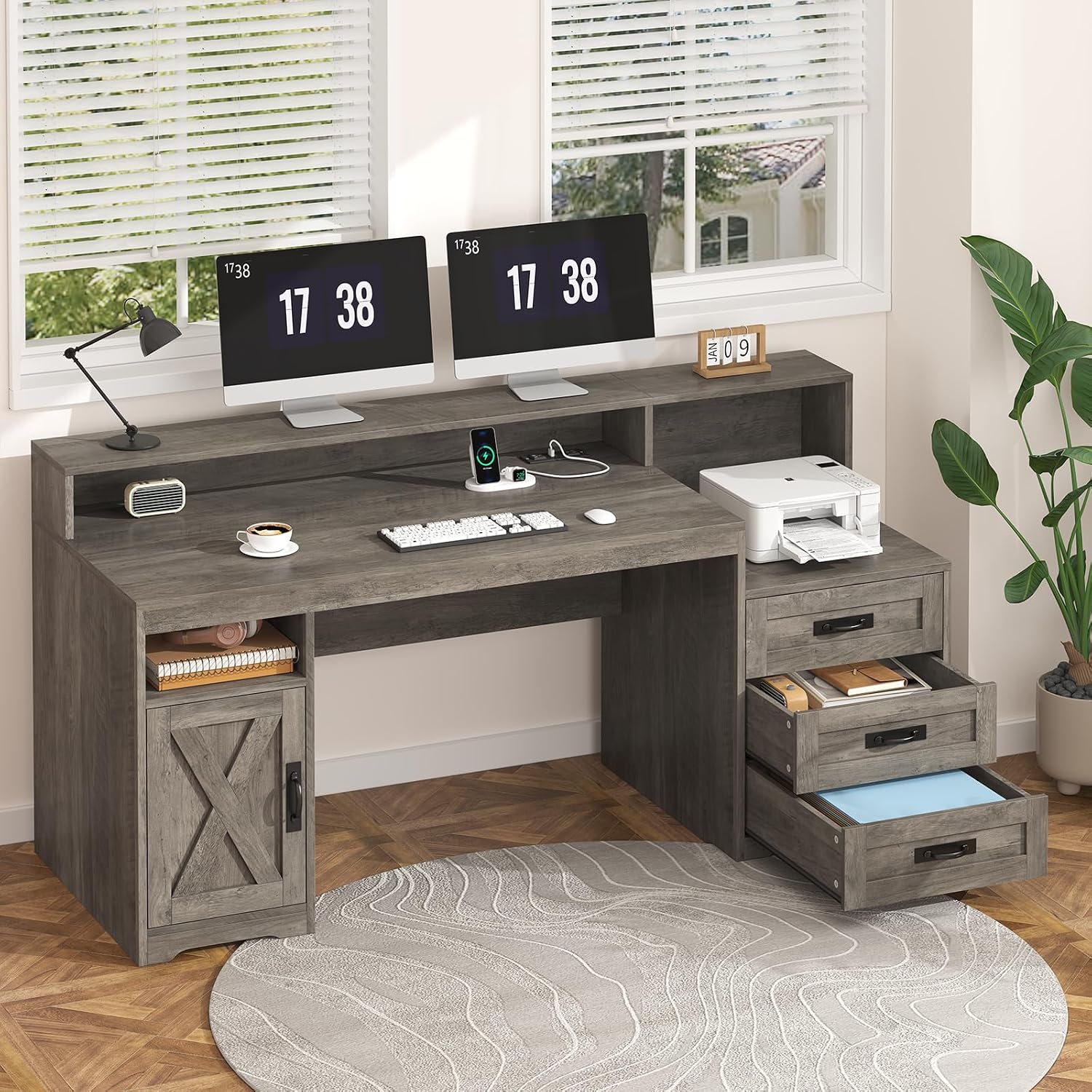 TVU Farmhouse Computer Desk with Drawers, 65'' Home Office Desk with Power Outlets, Storage Cabinet and Printer Stand, Study Writing Desks with Long Monitor Stand, Grey