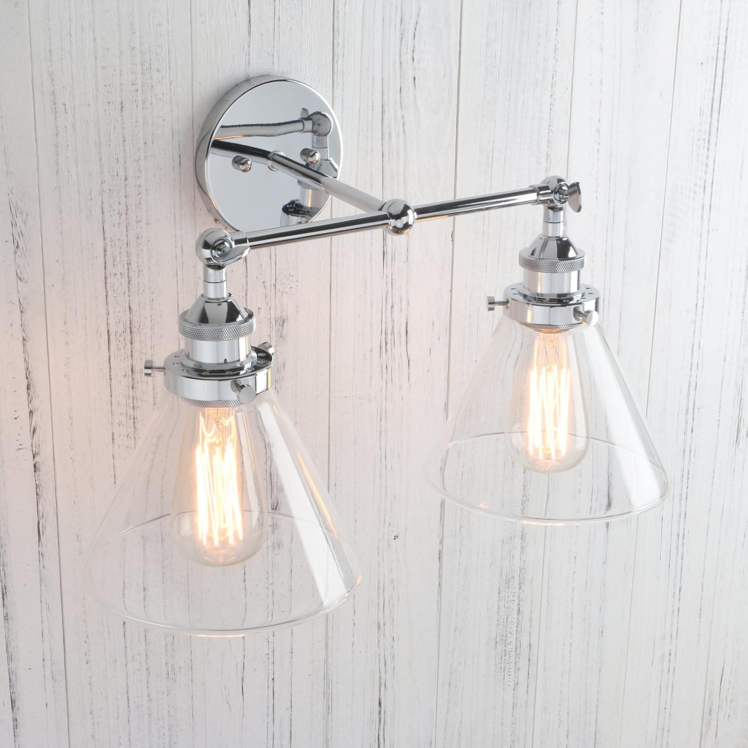 Permo Vintage Industrial Antique 2-Lights Wall Sconces with Dual Funnel Clear Glass Shade (Chrome)
