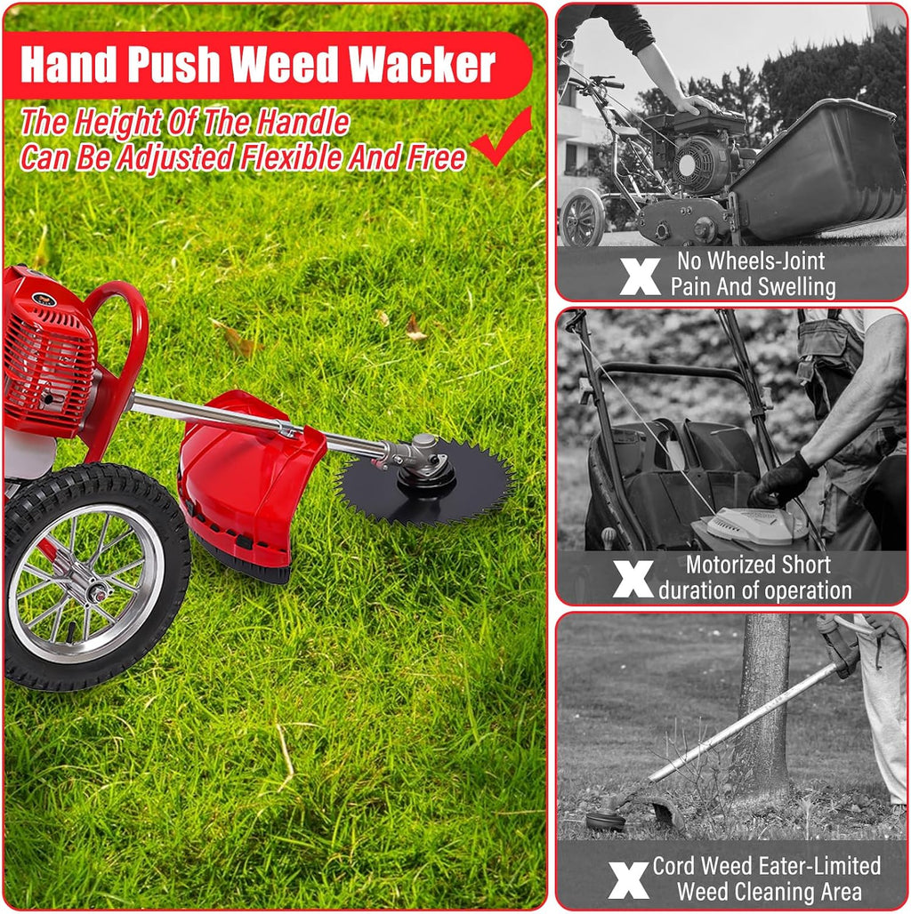 Walk Behind Weed Wacker, 2 Stroke 49 CC Gasoline Weed Eater, 6500-7000R/Min Hand Push String Trimmer with 0.95L Fuel Tank, Foldable Rear Wheel for Mountains, Hills, Plains, Orchards Etc