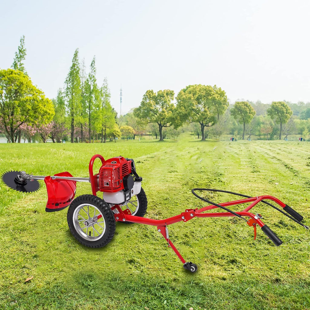49CC 2-Stroke Gas Lawn Mower, Multi-Functional Gas Mower Grass, 1.8KW Hand Push String Trimmer, Red