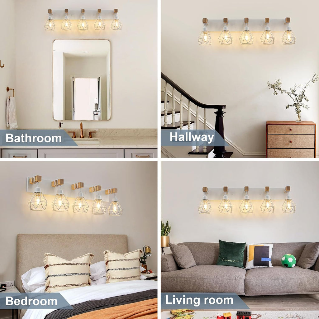 Farmhouse Vanity Light for Bathroom, 5-Light White Wood Bathroom Vanity Light Fixtures Over Mirror, Rustic Sconces Wall Lighting with Metal Lampshade for Living Room, Bedroom, Hallway