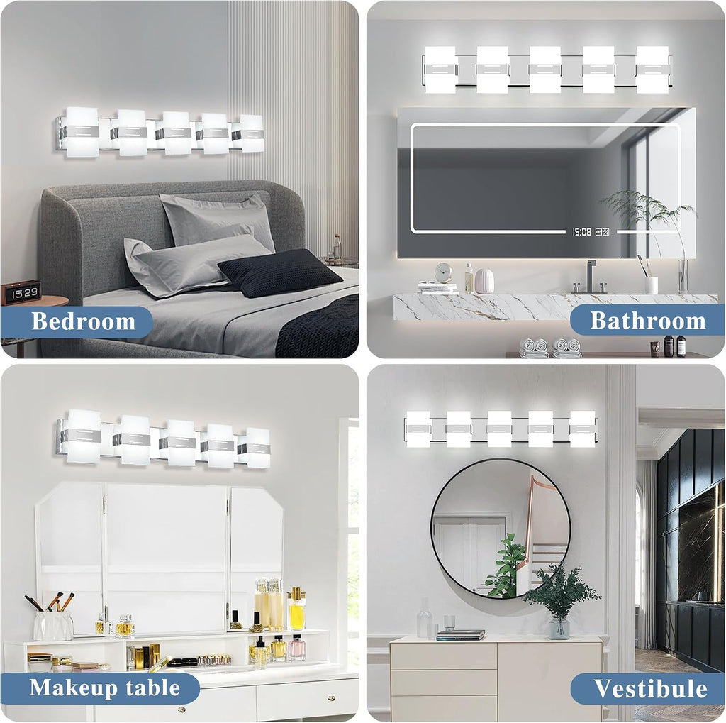 Modern Bathroom Vanity Light, Chrome Vanity Lights for Bathroom Lights Over Mirror with 5-Light Glass Grid Shade,39 Inch LED Dimmable Wall Light Fixtures 3000K/4500K/6000K Stainless Steel