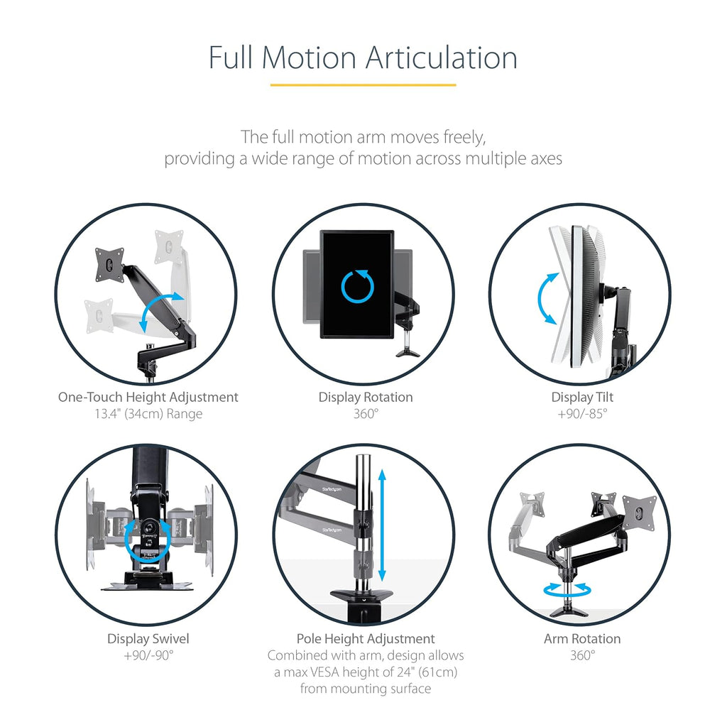StarTech.com Desk Mount Monitor Arm for Single VESA Display up to 32' or 49' Ultrawide (17.6lb/8kg), Full Motion Articulating & Height Adjustable, Clamp or Grommet Base, Single Monitor Arm