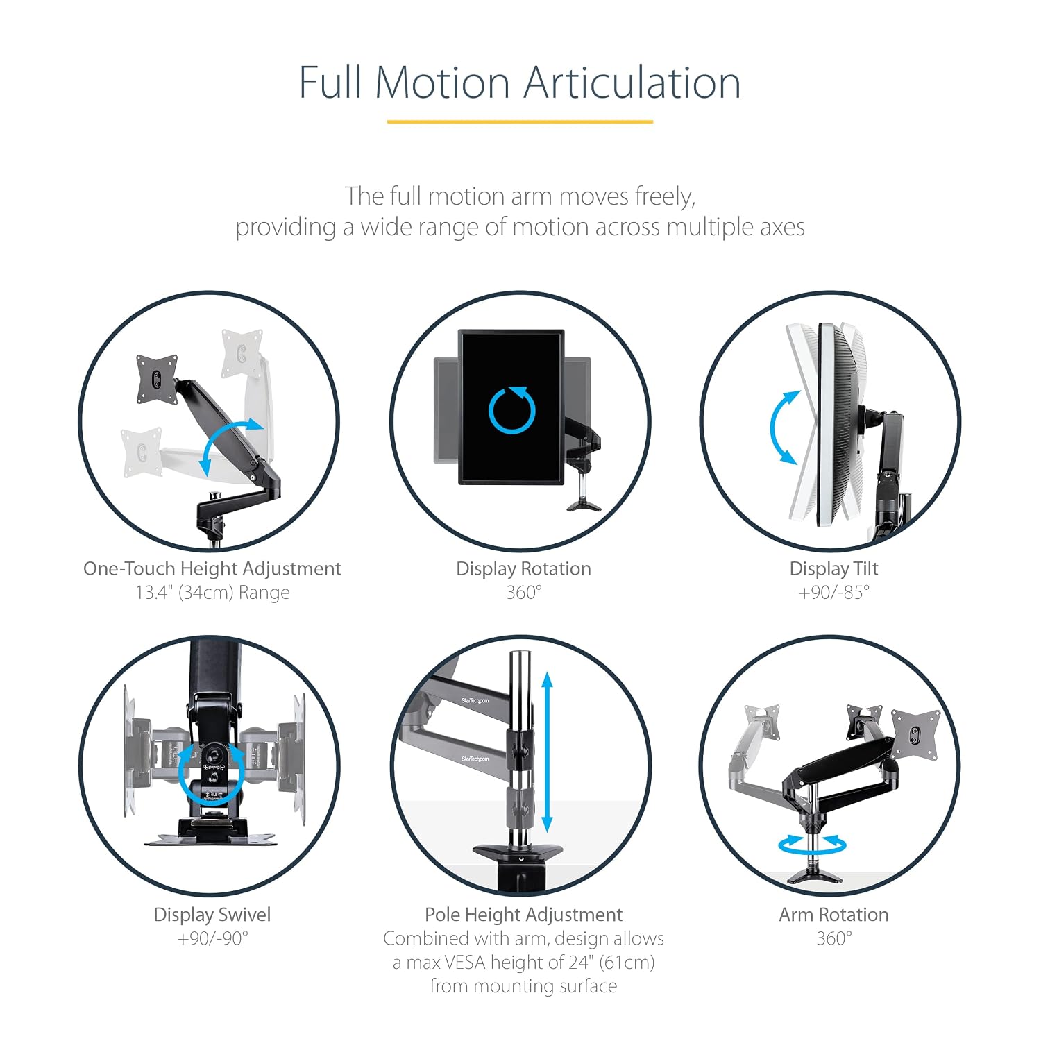 StarTech.com Desk Mount Monitor Arm for Single VESA Display up to 32' or 49' Ultrawide (17.6lb/8kg), Full Motion Articulating & Height Adjustable, Clamp or Grommet Base, Single Monitor Arm