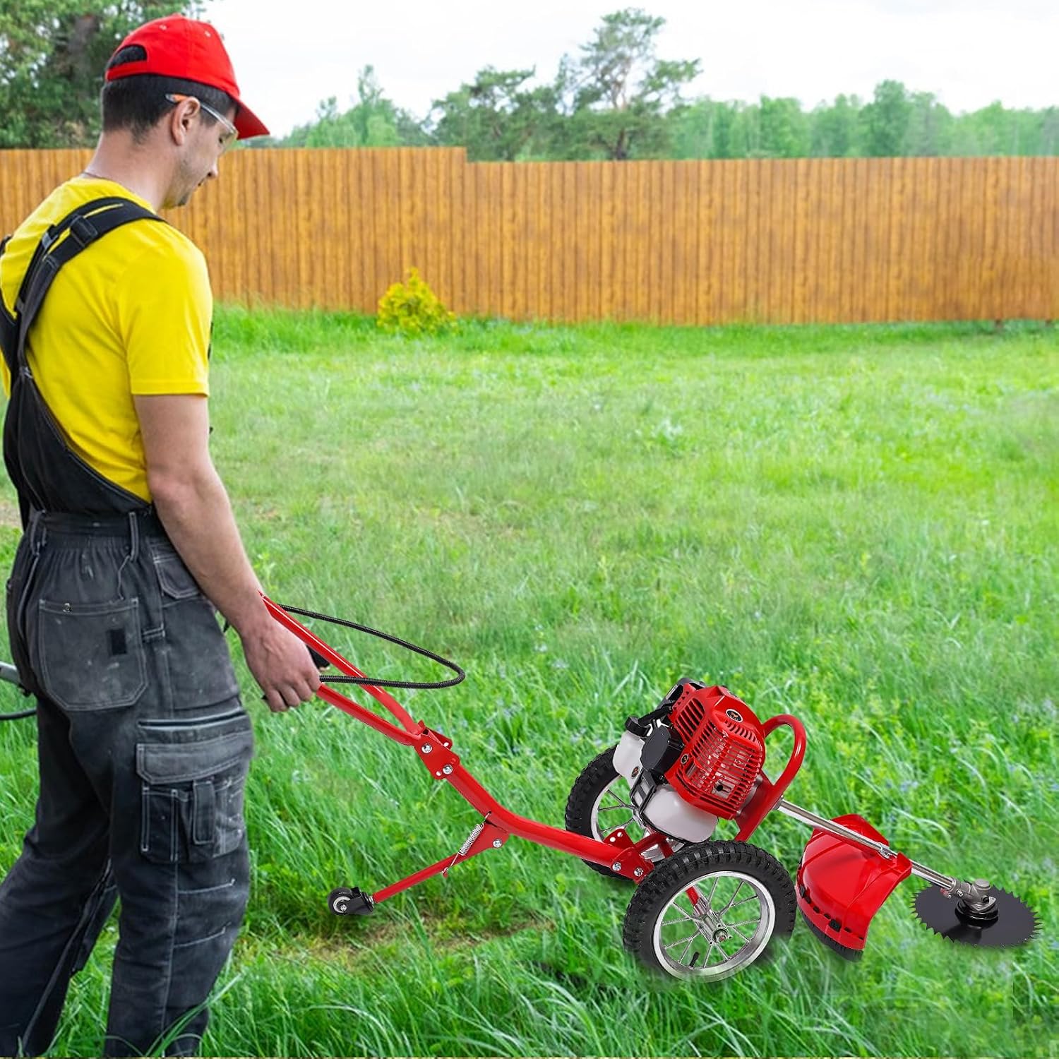 Walk Behind Weed Wacker, 2 Stroke 49 CC Gasoline Weed Eater, 6500-7000R/Min Hand Push String Trimmer with 0.95L Fuel Tank, Foldable Rear Wheel for Mountains, Hills, Plains, Orchards Etc
